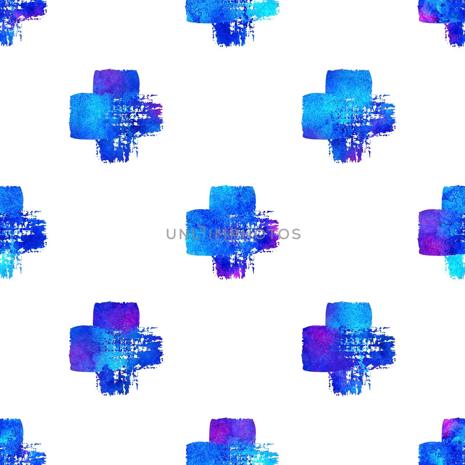 Watercolor Brush Cross Seamless Pattern Grange Geometric Design in Blue Color. Modern Grung Collage Background by DesignAB