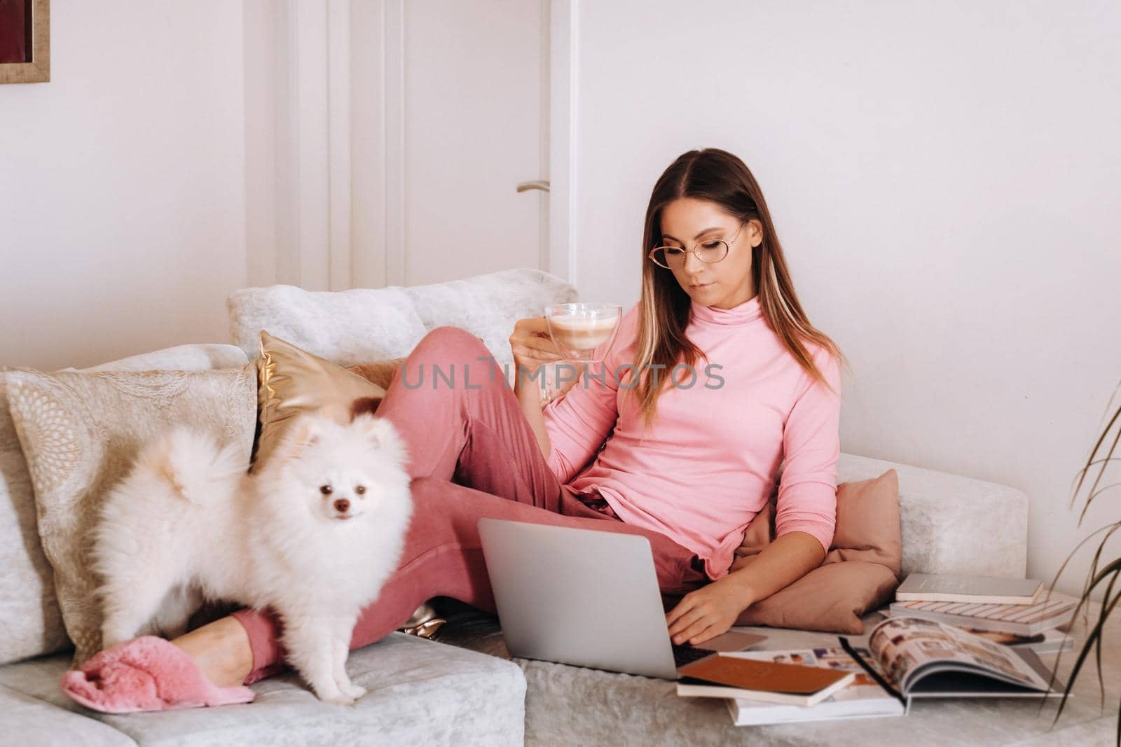 a girl in pajamas at home is working on a laptop with her dog Spitzer, the dog and its owner are resting on the couch and watching the laptop.Household chores by Lobachad
