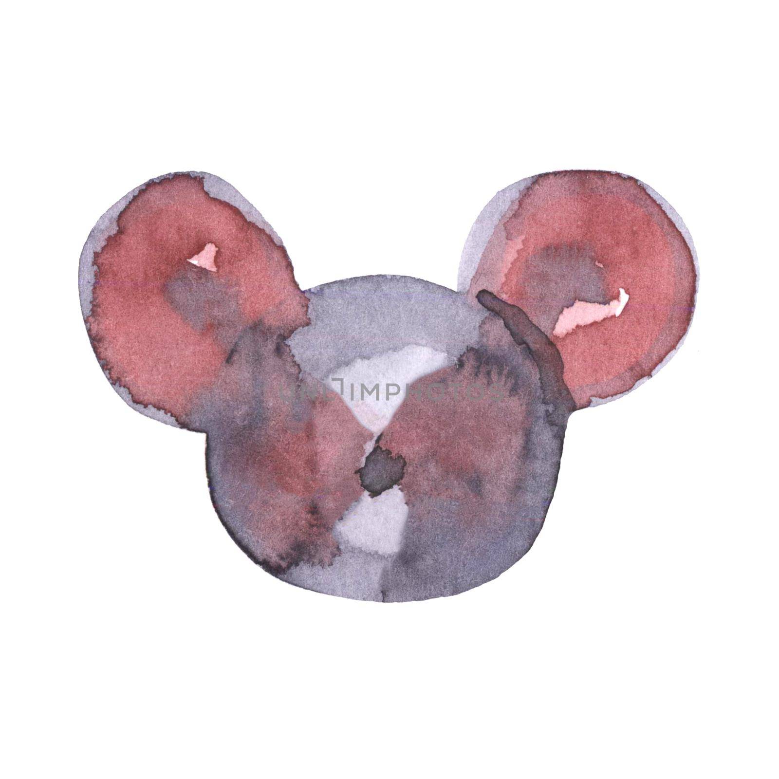 Mouse watercolour illustration. Funny icon of animal. Grey rat with pink ears isolated on white background. 2020 new year painting symbol. Drawing art object for design.