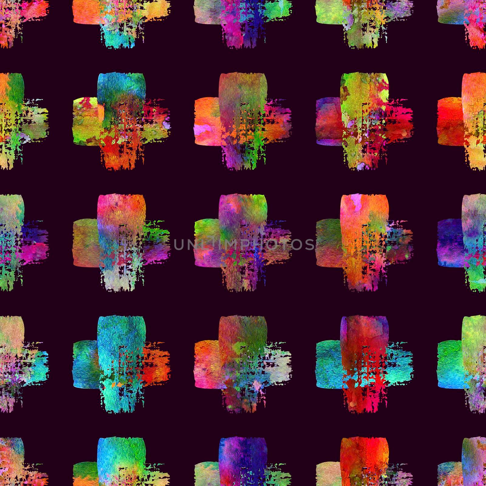 Watercolor Brush Cross Seamless Pattern Grange Geometric Design in Rainbow Color. Modern Grung Collage Background by DesignAB
