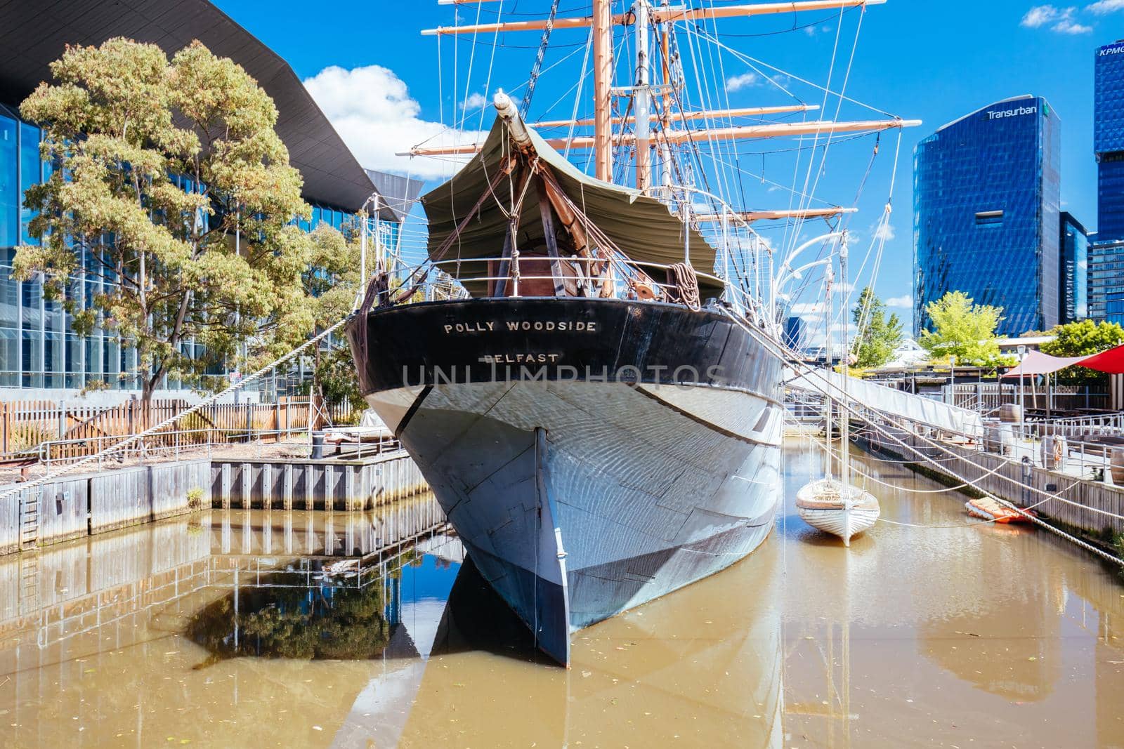MELBOURNE, AUSTRALIA - OCTOBER 31, 2021: The Polly Woodside is a Belfast-built, three-masted, iron-hulled barque, preserved in Melbourne and forming the central feature of the South Wharf and Melbourne Convention Centre precinct