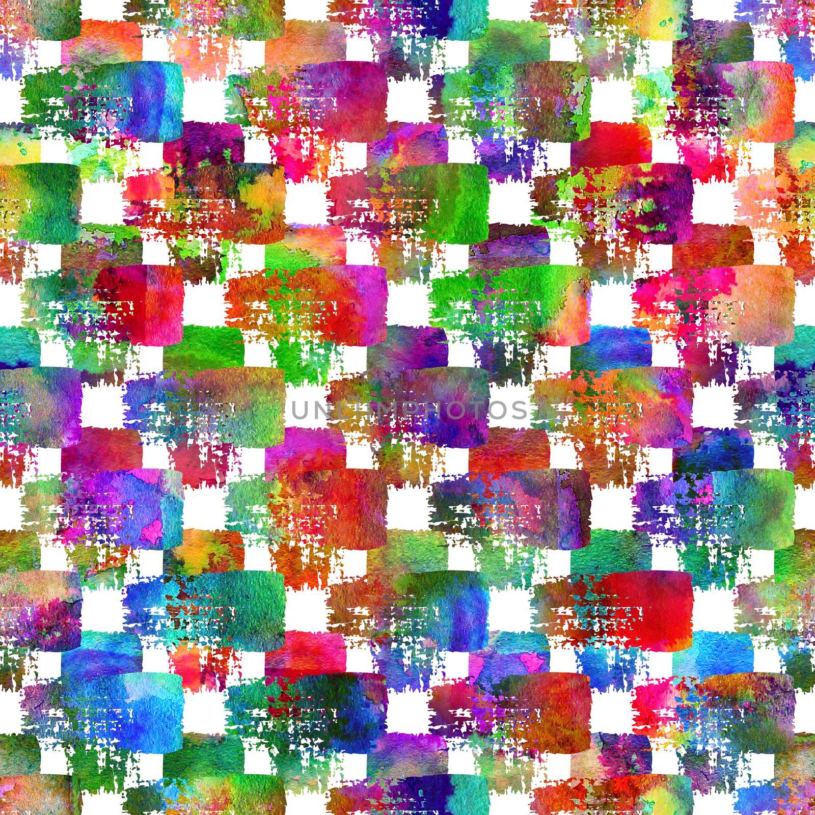 Watercolor Brush Plaid Seamless Pattern Grange Check Geometric Design in Rainbow Color. Modern Strokes Grung Collage Background for kids fabric and textile.