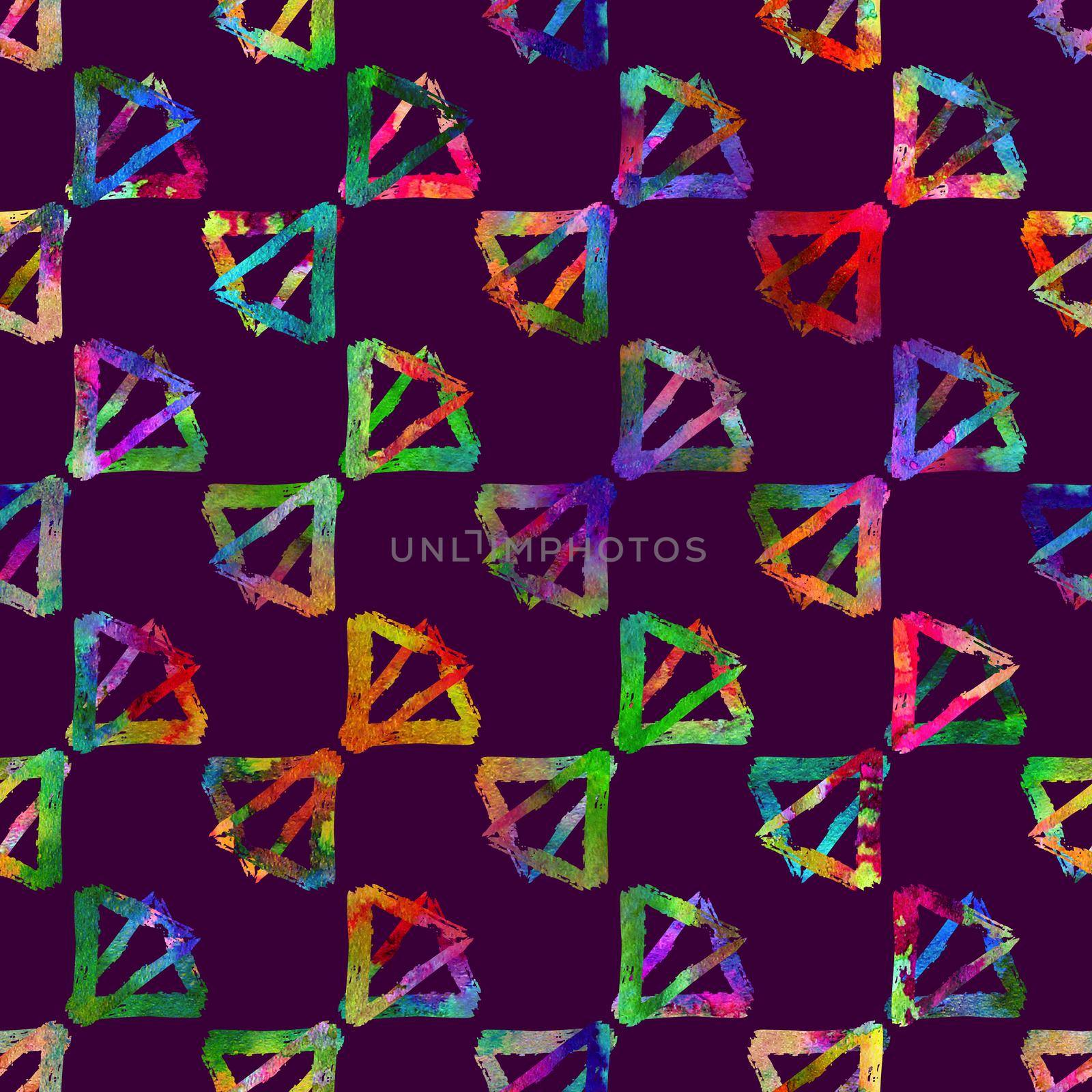 seamless pattern brush triangles bow . Rainbow color on violet background. Hand painted grange texture. Ink geometric elements. Fashion modern style. Endless fantasy plaid fabric print. Watercolor by DesignAB