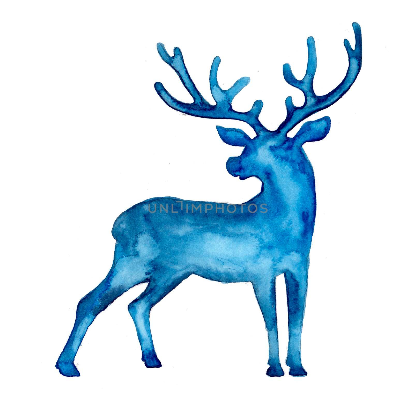 Watercolor full silhouette of deer in blue color. Animal painting. Stag and antler christmas illustration isolated on white background. Decorative New Year symbol for print, decor, pattern. Reindeer