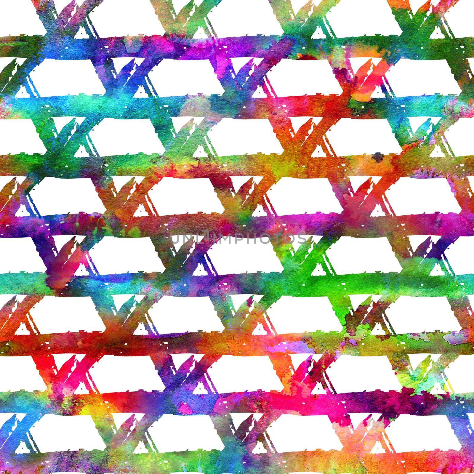 seamless pattern brush colorful triangle. Rainbow color on white background. Hand painted grange texture. Ink geometric elements. Fashion modern style. Endless fantasy plaid fabric print. Watercolor by DesignAB