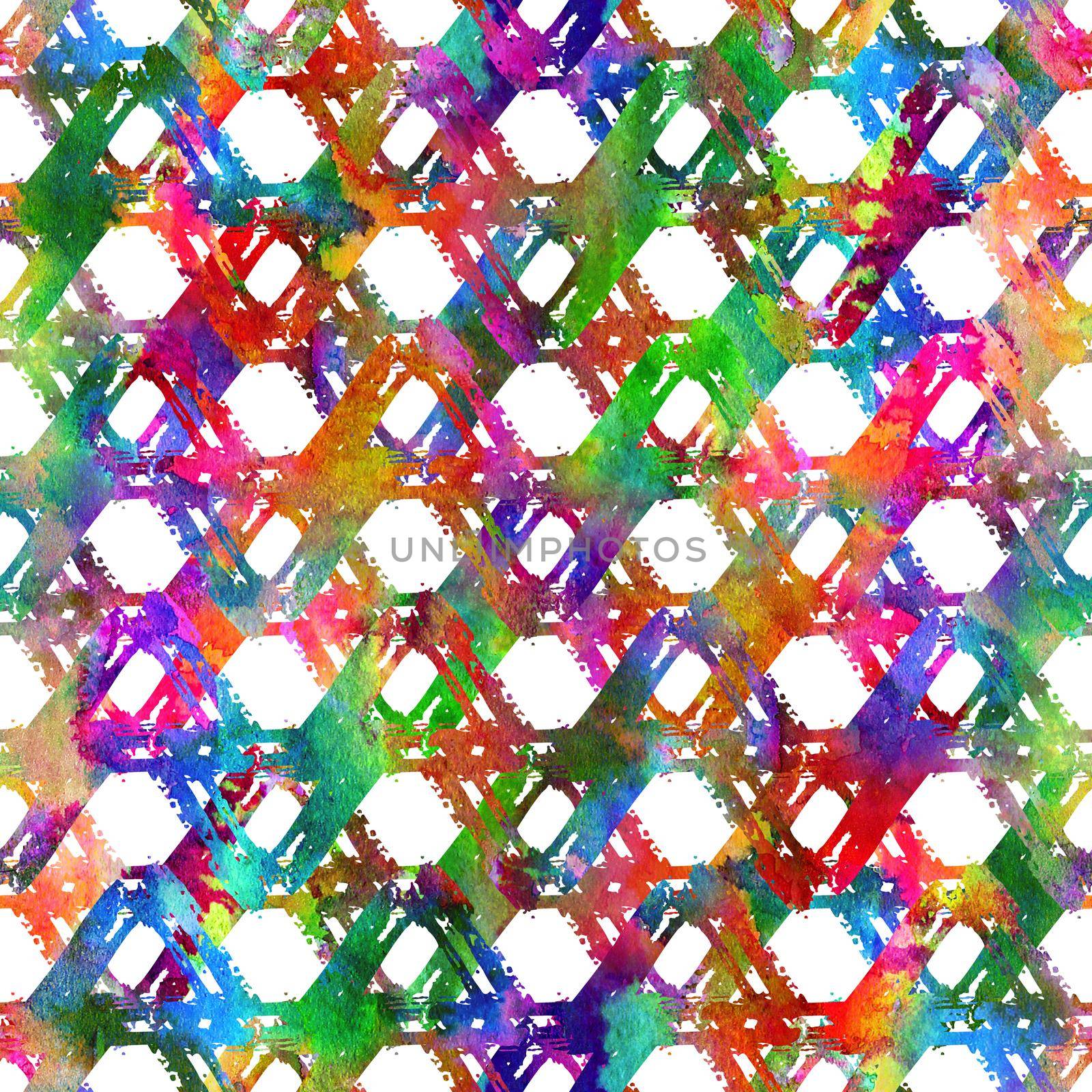 seamless pattern brush colorful triangle. Rainbow color on white background. Hand painted grange texture. Ink geometric elements. Fashion modern style. Endless fantasy plaid fabric print. Watercolor.