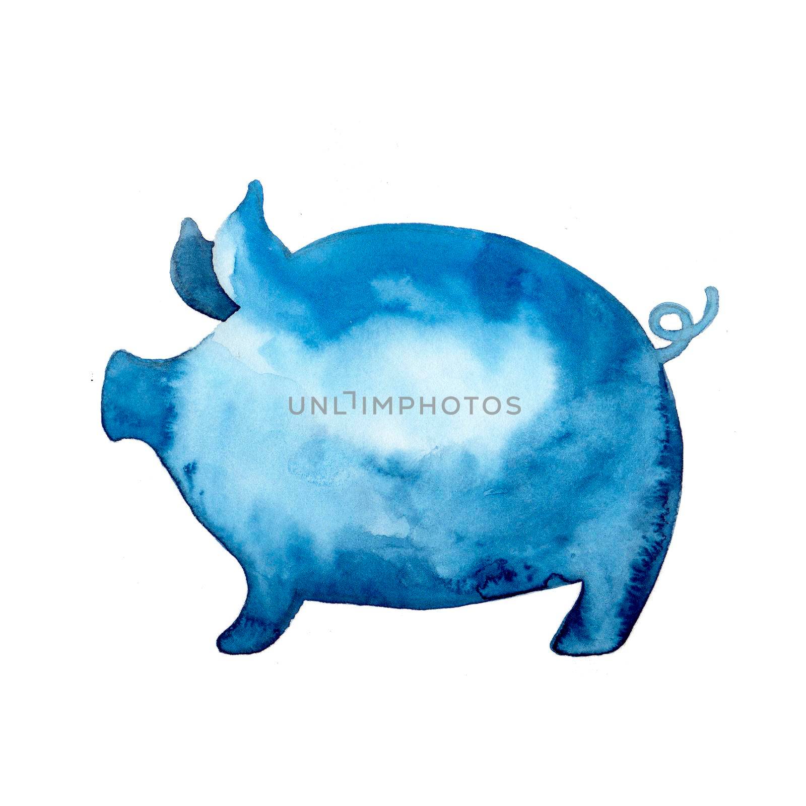 Pig Animal Watercolor Illustration Nose in blue color Hand Painted isolated on white background by DesignAB