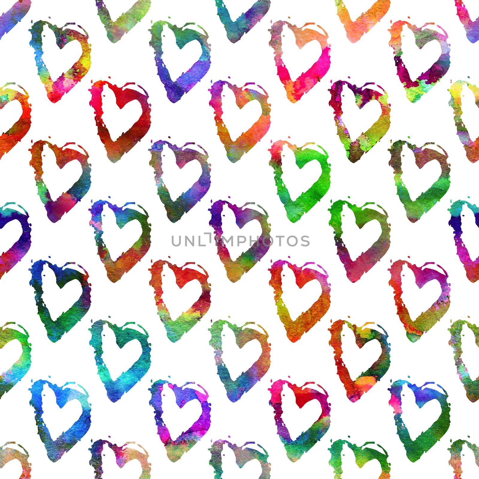 seamless pattern with brush hearts. Rainbow color on white background. Hand painted grange texture. Ink grange elements. Decorative ornament of love sign. Repeat fabric print. by DesignAB