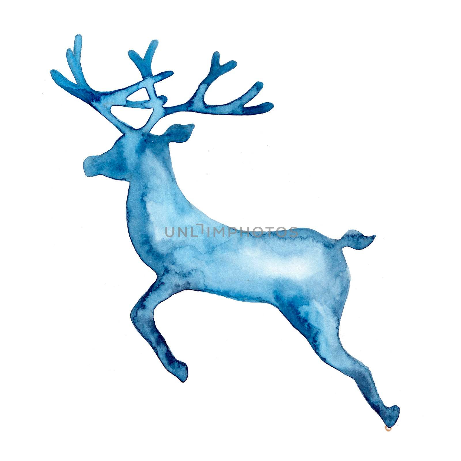 Watercolor full silhouette of jumping deer in blue color. Animal painting. Stag and antler christmas illustration isolated on white background. Decorative New Year symbol for print, decor. Reindeer. by DesignAB