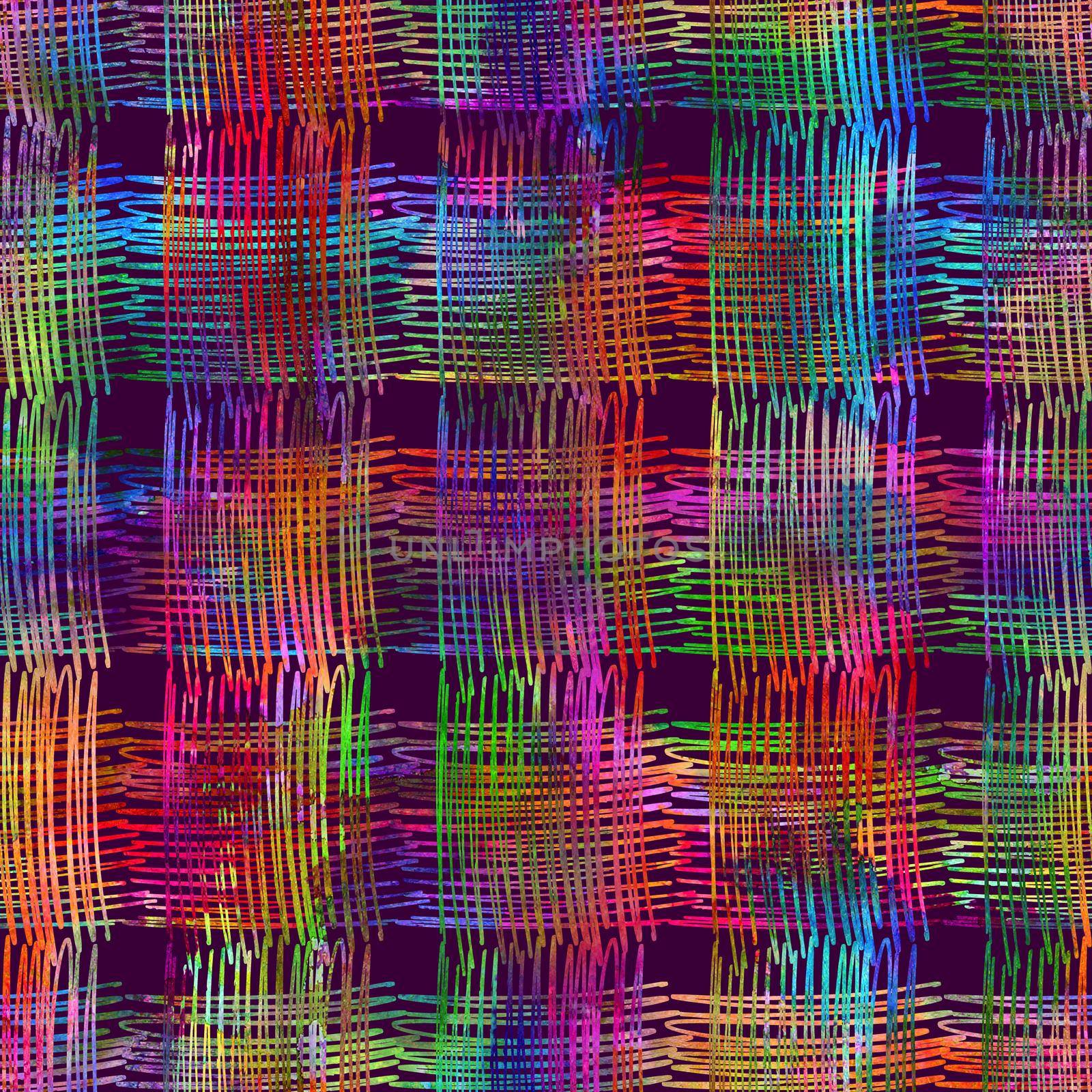 seamless pattern with brush stripes and strokes. Rainbow watercolor color on violet background. Hand painted grange texture. Ink geometric elements. Fashion modern style. Endless fabric print. Unusual
