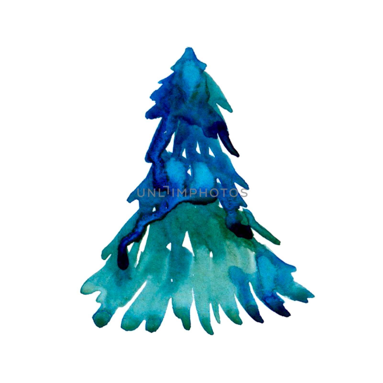 Watercolor winter christmas fir isolated on white background. Spruce Illustration element for print, texture, wallpaper or greeting card. Blue and green color. Beautiful watercolour pine art by DesignAB