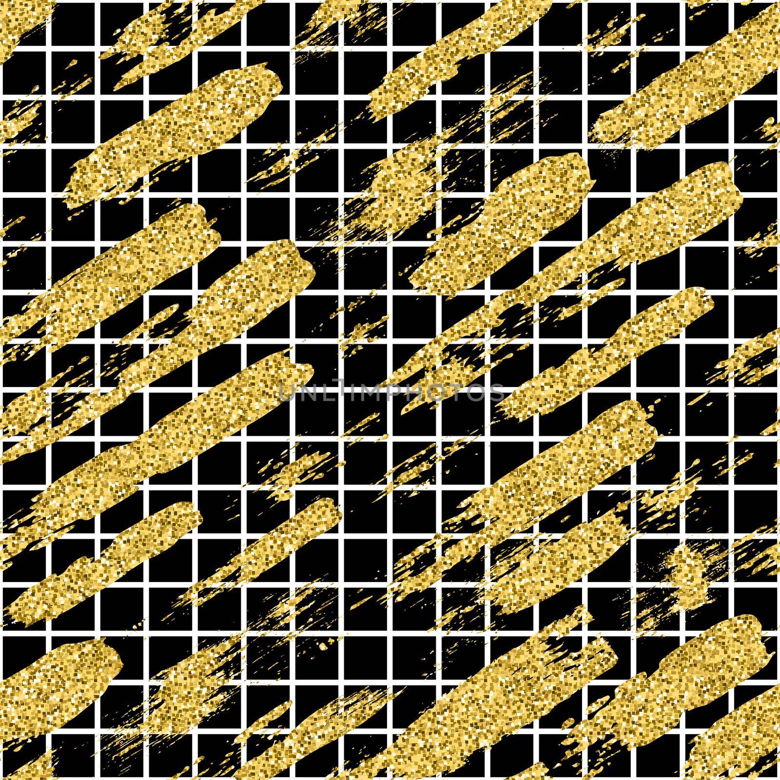Modern seamless pattern with glitter brush stripes and strokes. Golden, white color on black background. Hand painted grange texture. Shiny spark elements. Fashion modern style. Repeat fabric print. by DesignAB