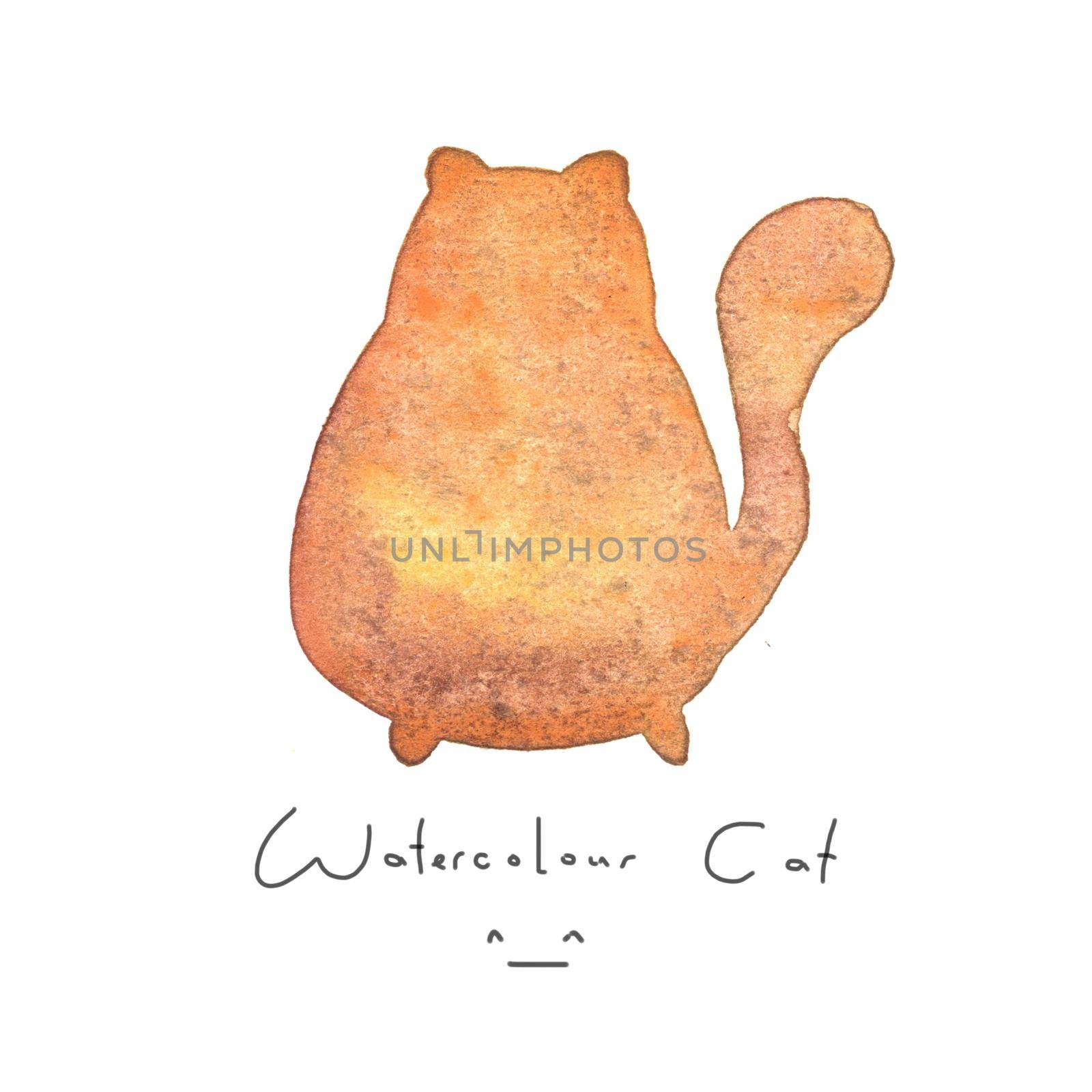Watercolour orange cat isolated on white background. Cute simple animal hand drawn. Illustration style. Sign or symbol of a kitten. Paint element. Watercolor happy pet. Kids image