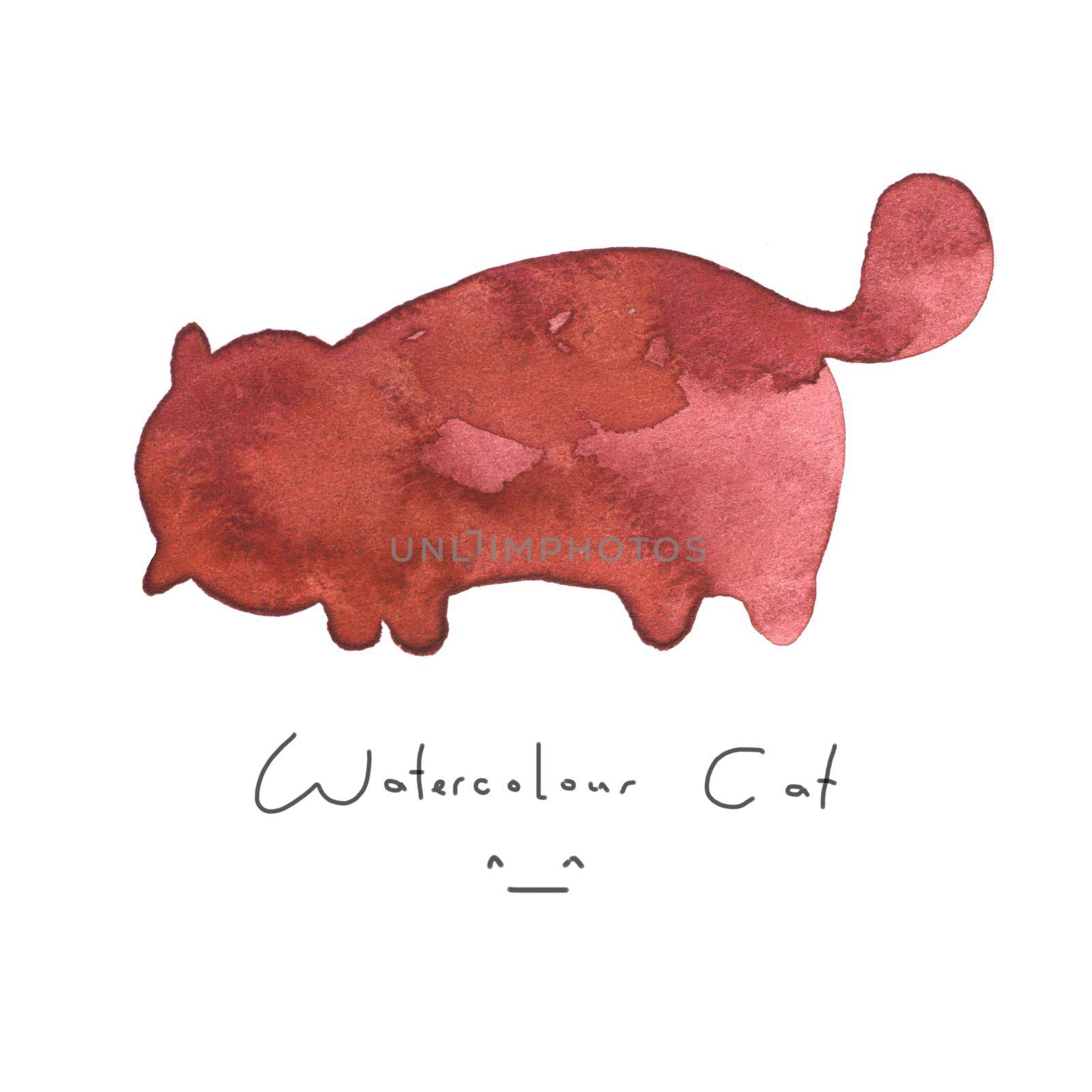 Watercolour red cat isolated on white background. Cute simple animal hand drawn. Illustration style. Sign or symbol of a kitten. Paint element. Watercolor happy pet. Kids image. by DesignAB