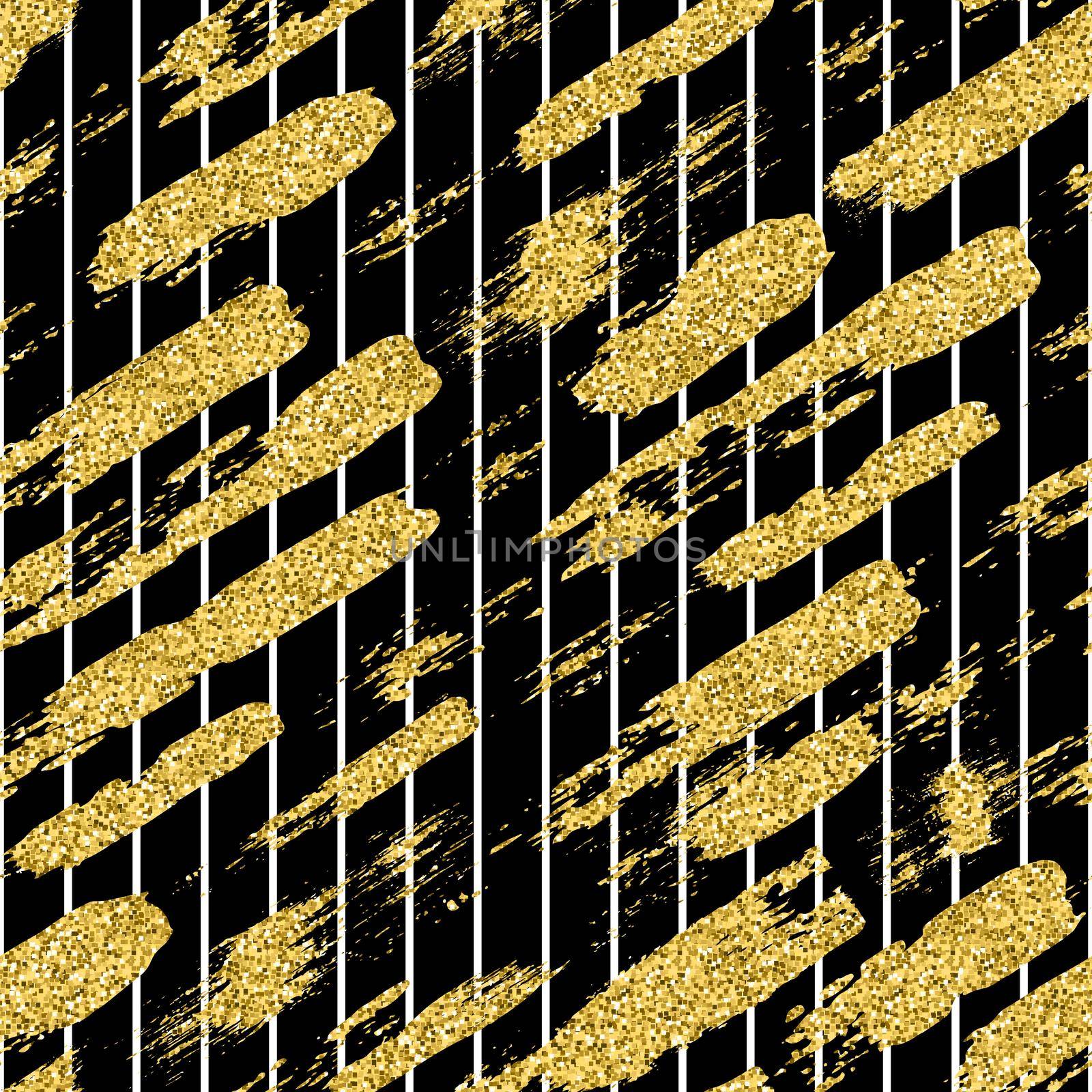Modern seamless pattern with glitter brush stripes and strokes. Golden, white color on black background. Hand painted grange texture. Shiny spark elements. Fashion modern style. Repeat fabric print. by DesignAB