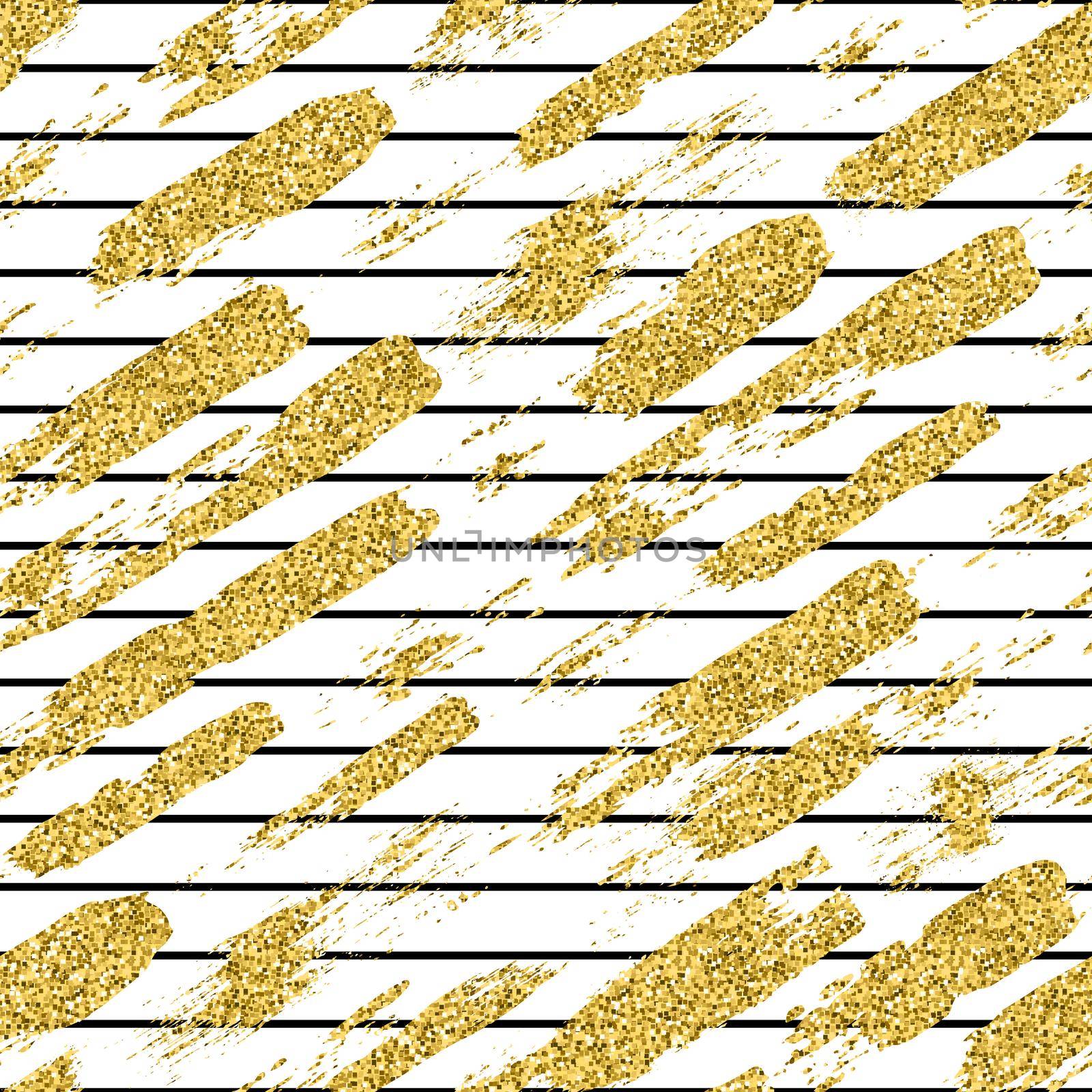 Modern seamless pattern with glitter brush stripes and strokes. Golden, black color on white background. Hand painted grange texture. Shiny spark elements. Fashion modern style. Repeat fabric print