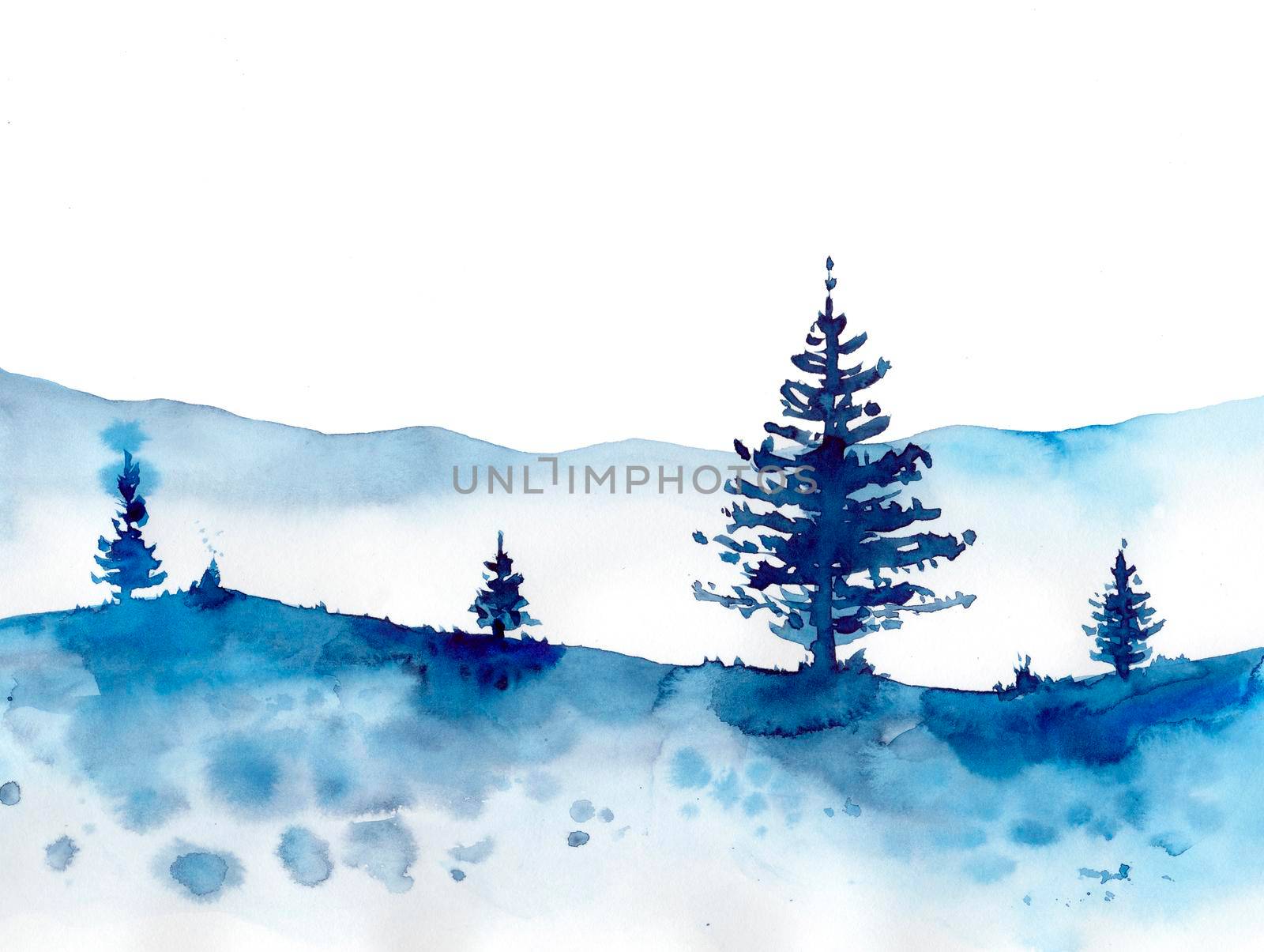 Watercolor winter forest and blue snow background. Hand painting Christmas Illustration for print, texture, wallpaper or element. Beautiful watercolour wood isolated on white