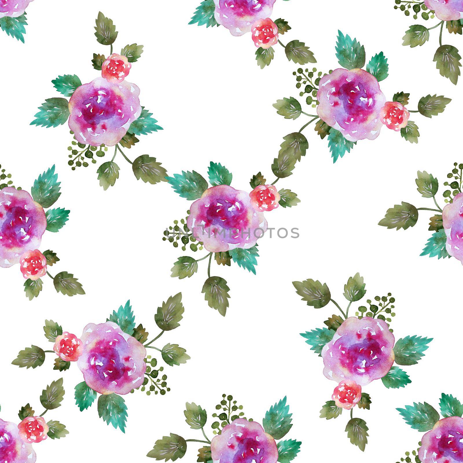 Vintage floral seamless pattern with pink rose flowers and leaf. Print for textile wallpaper endless. Hand-drawn watercolor elements. Beauty bouquets. Leaves green on white background. Female