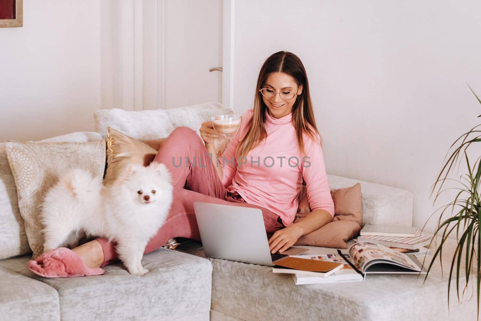 a girl in pajamas at home is working on a laptop with her dog Spitzer, the dog and its owner are resting on the couch and watching the laptop.Household chores.