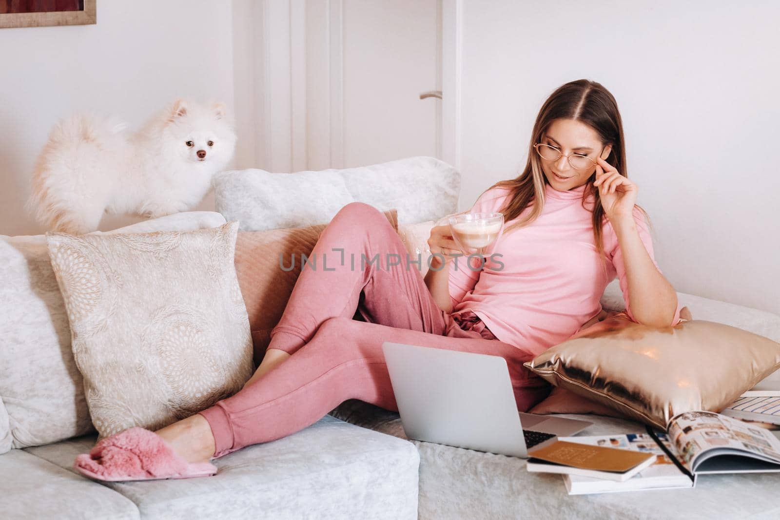 a girl in pajamas at home is working on a laptop with her dog Spitzer, the dog and its owner are resting on the couch and watching the laptop.Household chores.
