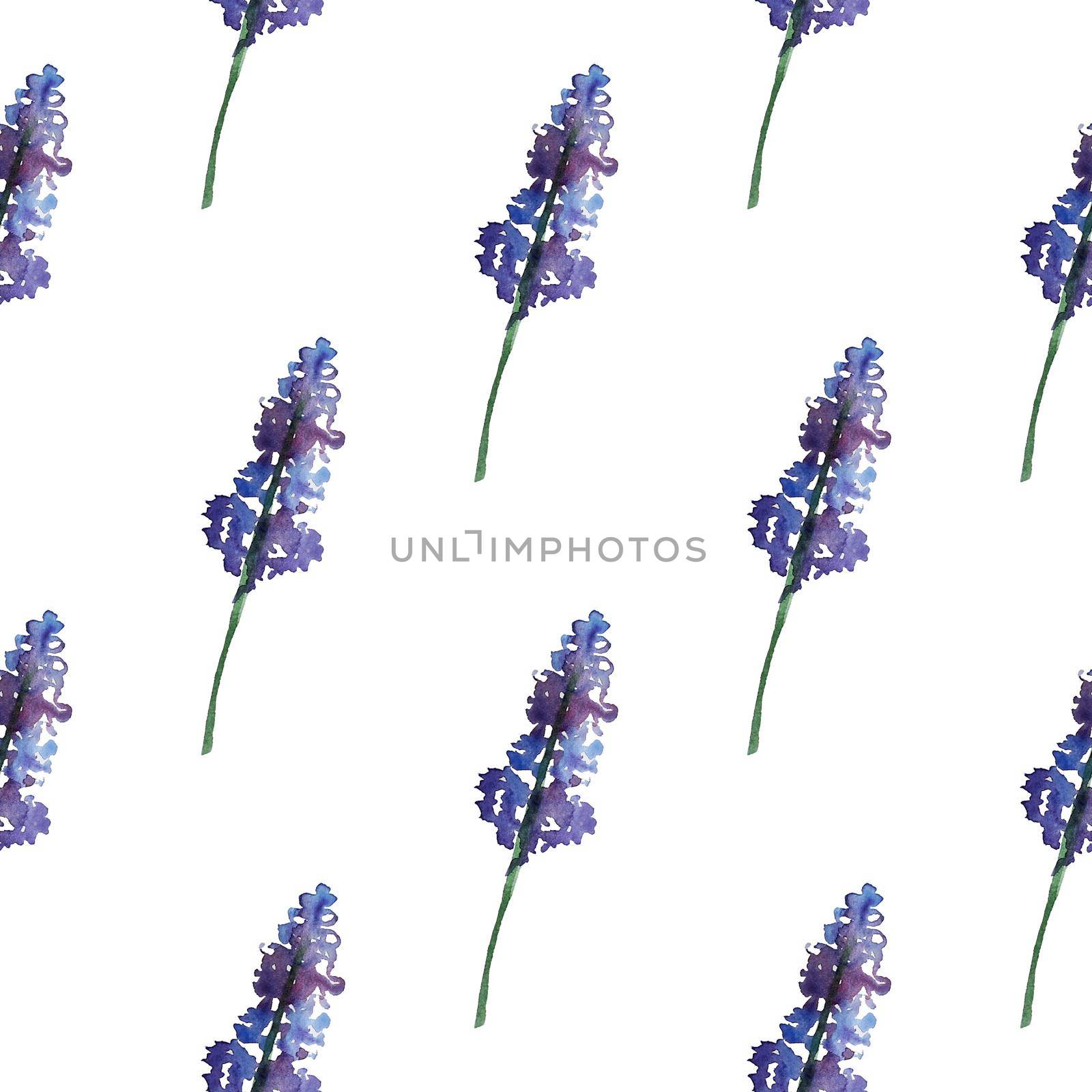 Vintage floral seamless pattern with violet flowers and leaf. Print for textile wallpaper endless. Hand-drawn watercolor elements. Beauty bouquets. Leaves green on white background. Female