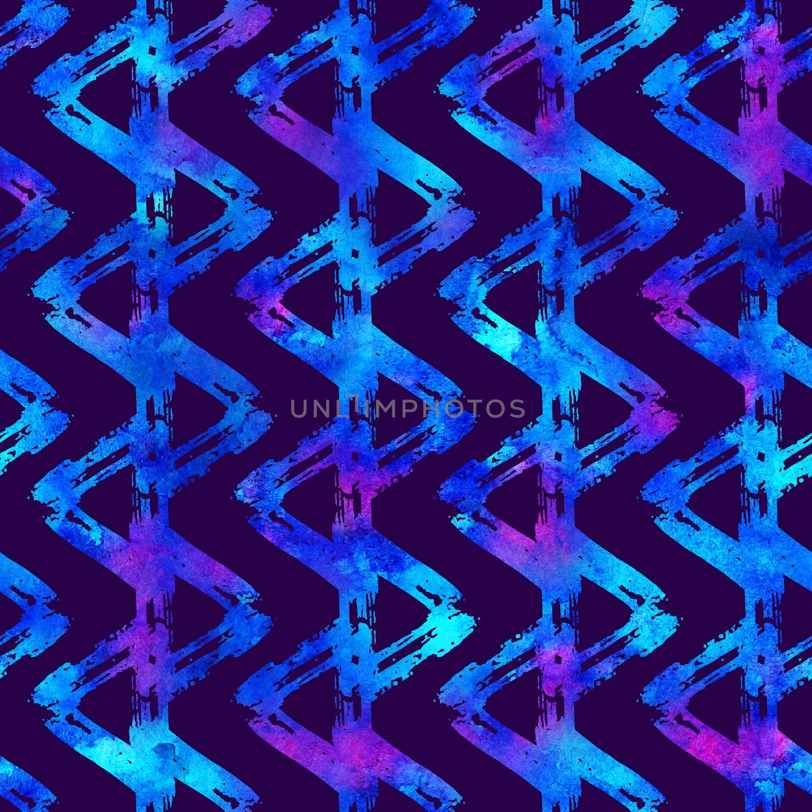 seamless pattern brush stripes plaid. Blue color on violet background. Hand painted grange texture. Ink geometric elements. Fashion modern style. Endless fantasy plaid fabric print. Watercolor by DesignAB