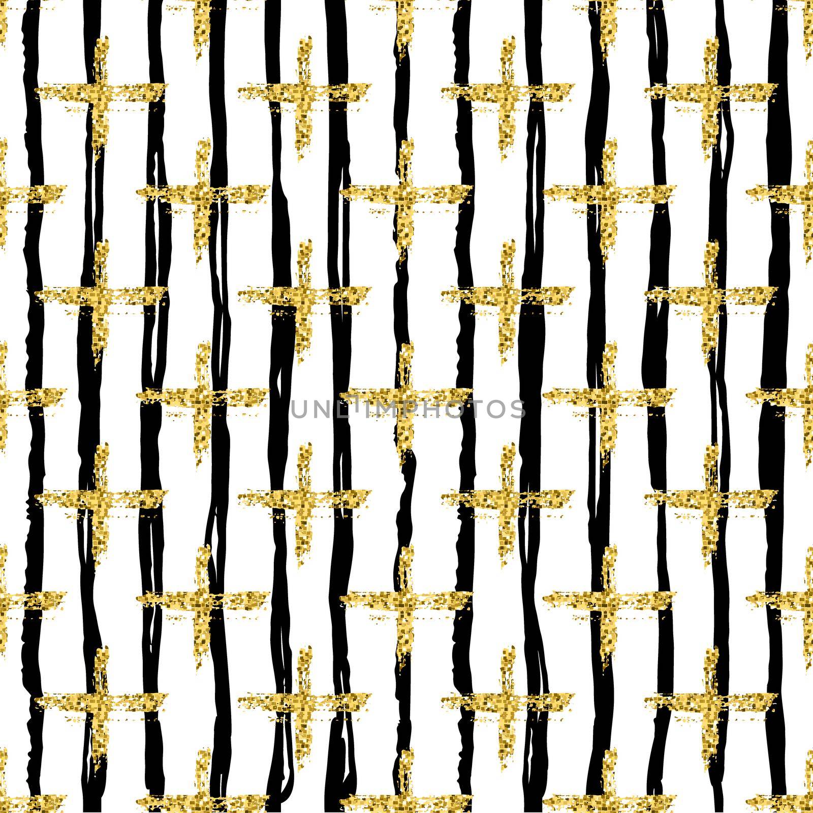 Modern seamless pattern with brush stripes and cross.Black, Gold metallic color on white background. Golden glitter texture. Ink geometric elements. Fashion catwalk style. Repeat fabric cloth print. by DesignAB