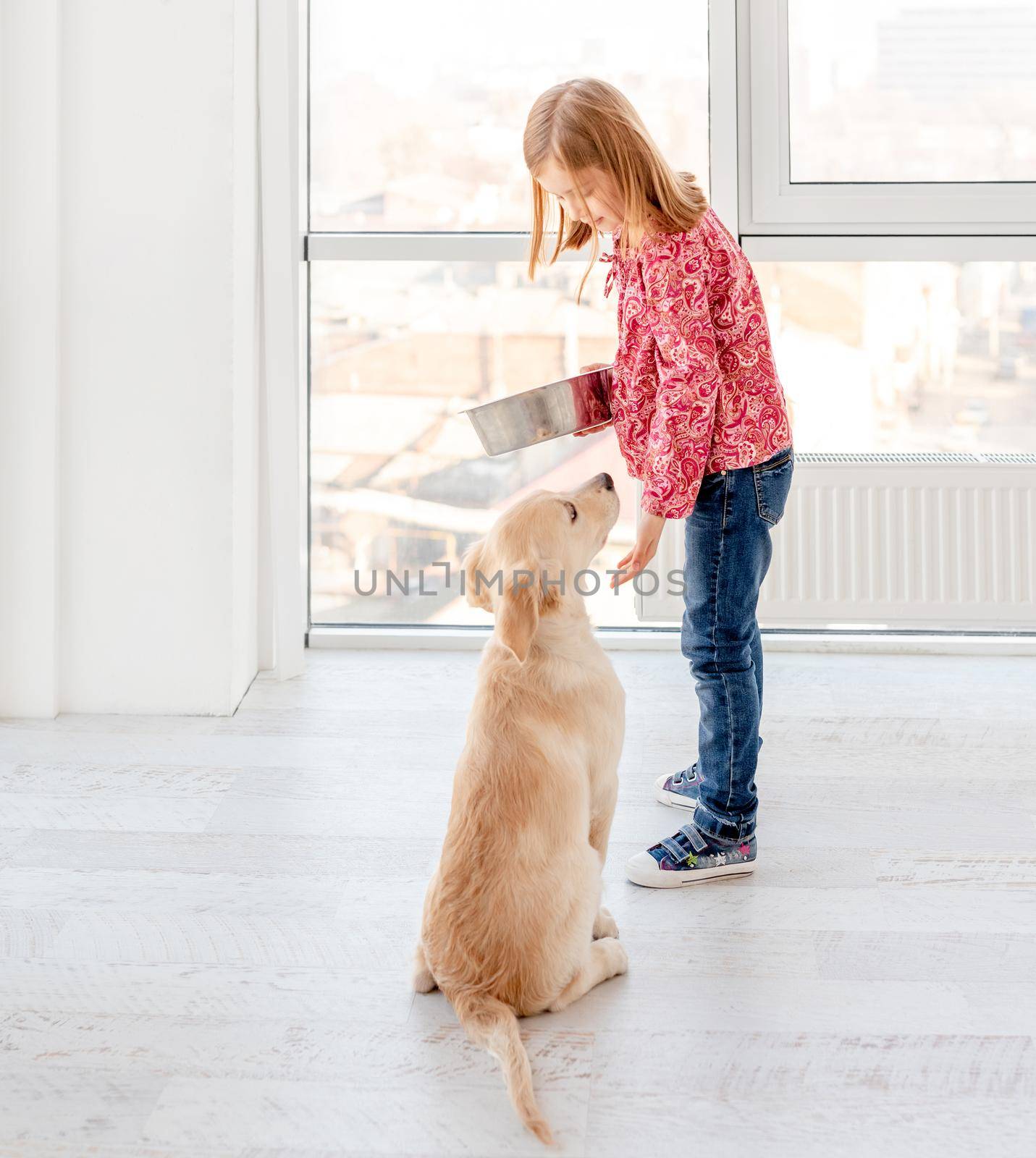 Lovely little girl giving food to her beautiful dog indoors