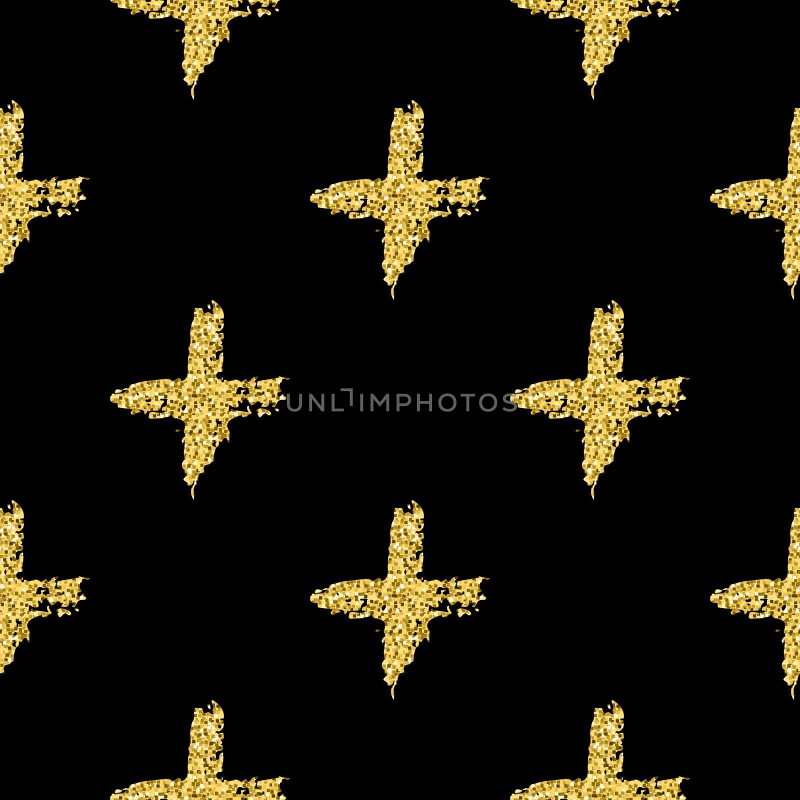 Modern seamless pattern with brush shiny cross. Gold metallic color on black background. Golden glitter texture. Ink geometric elements. Fashion catwalk style. Repeat fabric cloth print, textile.