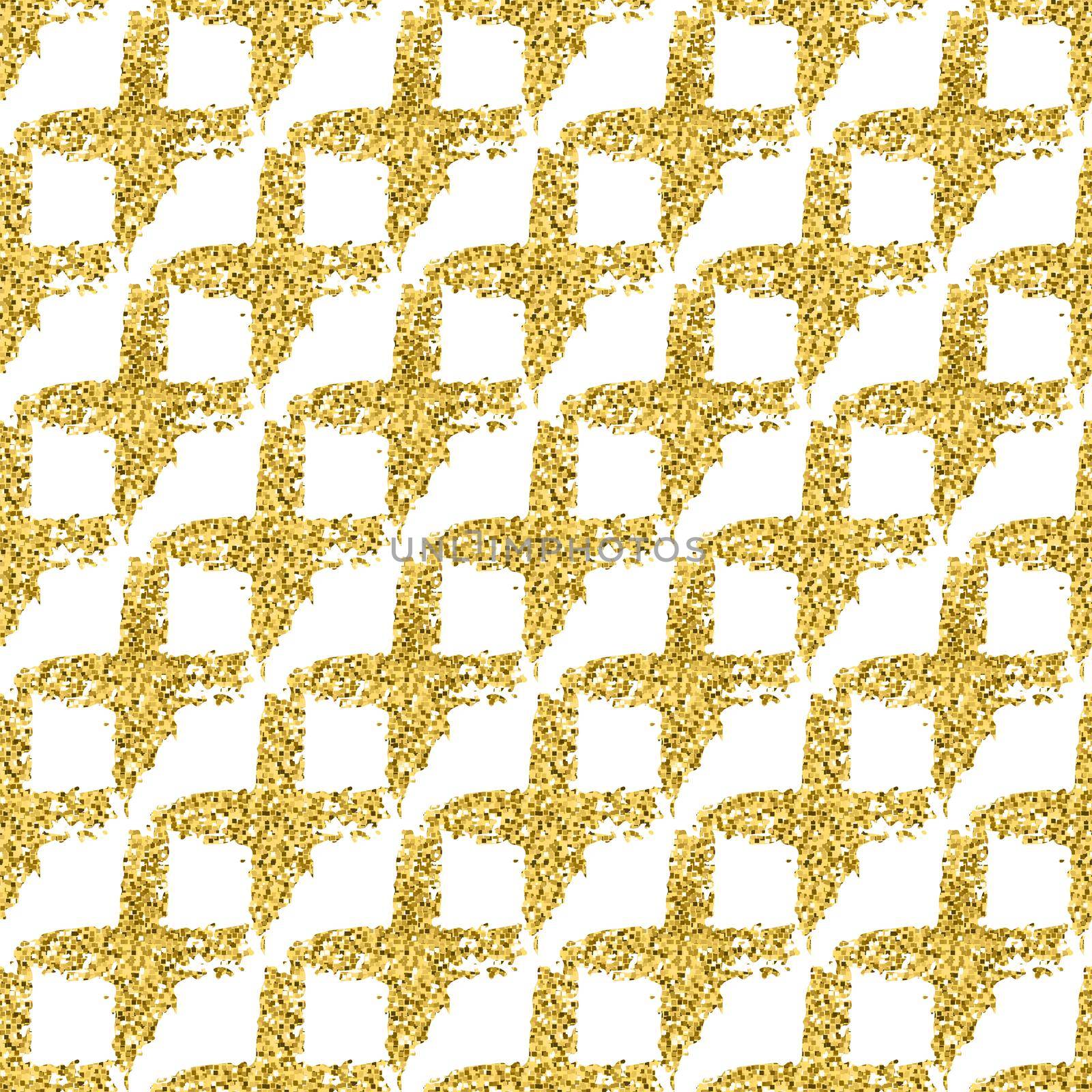 Modern seamless pattern with brush shiny cross plaid. Gold metallic color on white background. Golden glitter texture. Ink geometric elements. Fashion catwalk style. Repeat fabric cloth print tartan