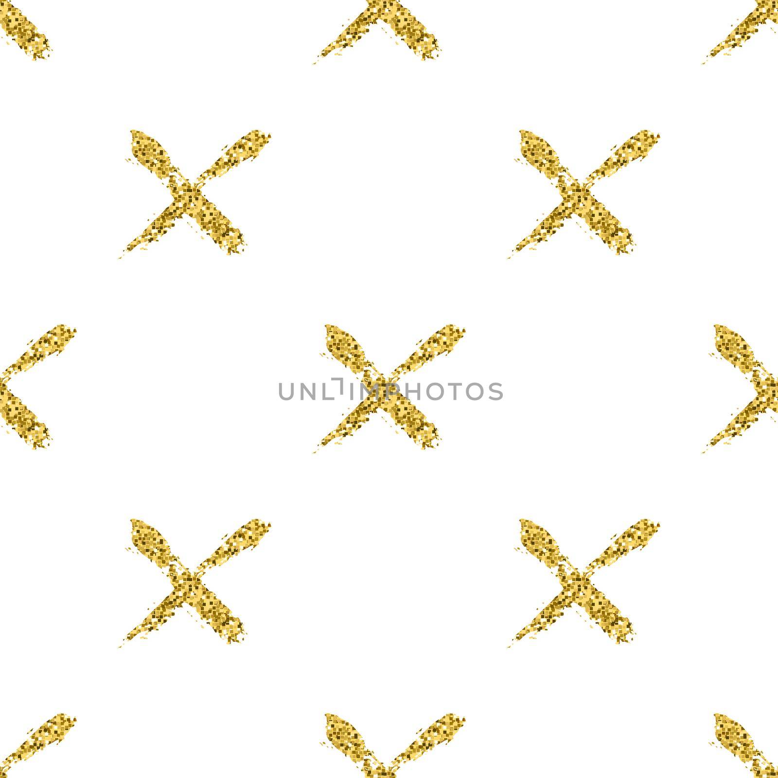 Modern seamless pattern with brush shiny cross. Gold metallic color on white background. Golden glitter texture. Ink geometric elements. Fashion catwalk style. Repeat fabric cloth print, textile.