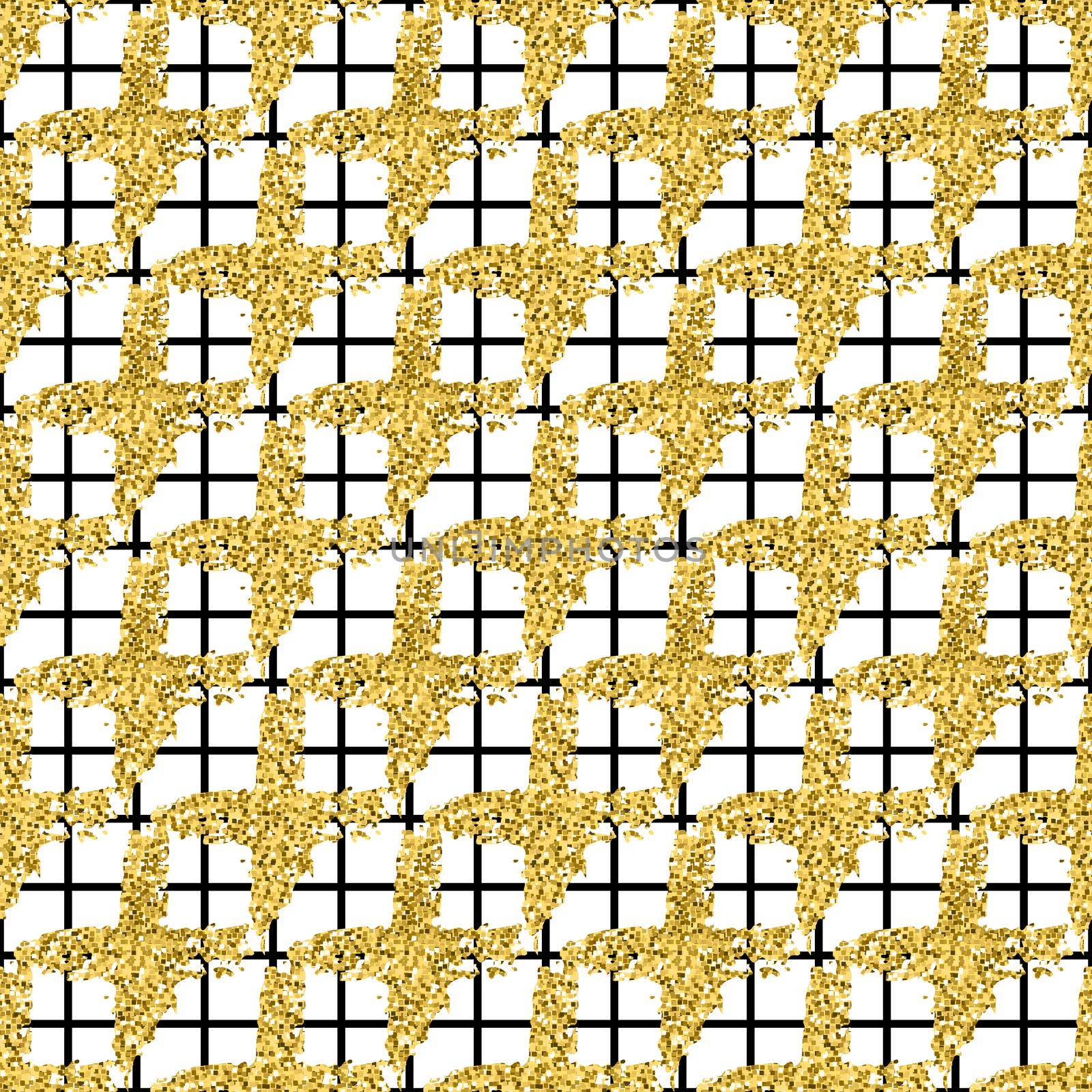Modern seamless pattern with brush stripes plaid and cross. Black, gold metallic color on white background. Golden glitter texture. Ink geometric elements. Fashion catwalk style. Repeat fabric cloth.