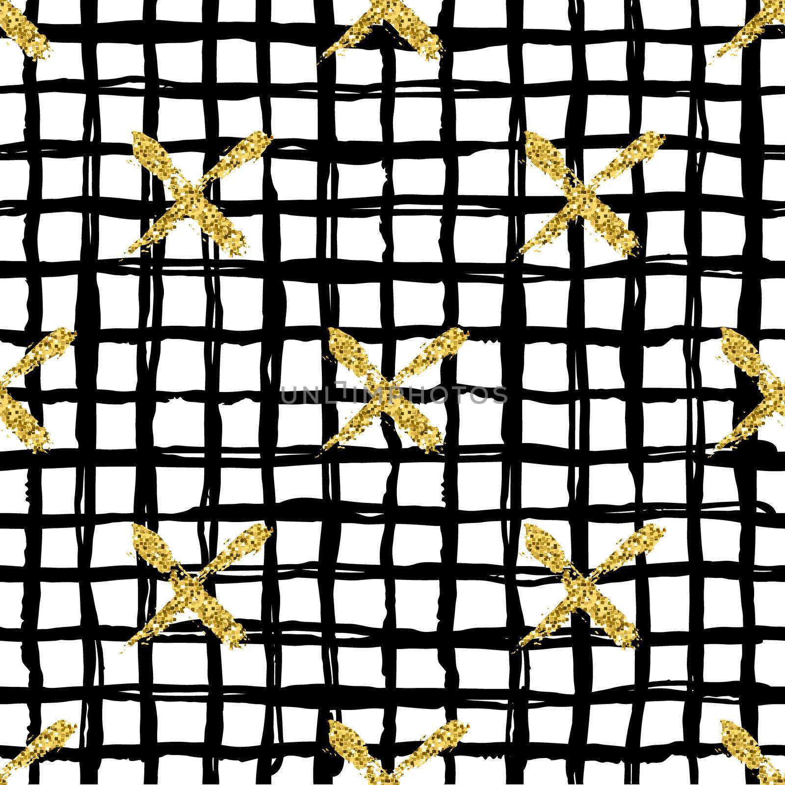 Modern seamless pattern with brush stripes plaid and cross. Black, gold metallic color on white background. Golden glitter texture. Ink geometric elements. Fashion catwalk style. Repeat fabric cloth by DesignAB