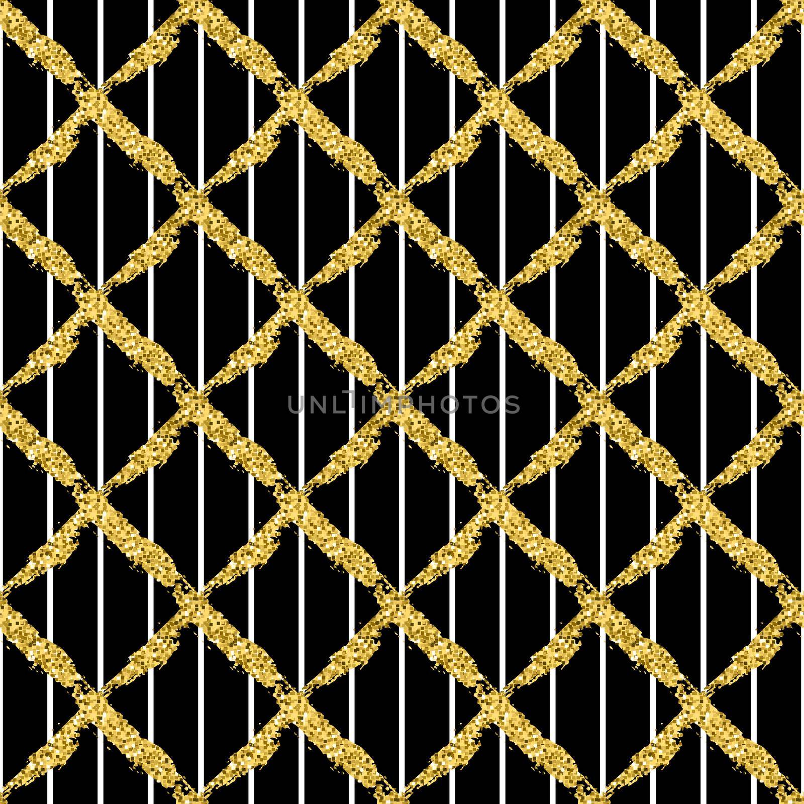 Modern seamless pattern with brush stripes plaid and cross. White, gold metallic color on black background. Golden glitter texture. Ink geometric elements. Fashion catwalk style. Repeat fabric cloth.