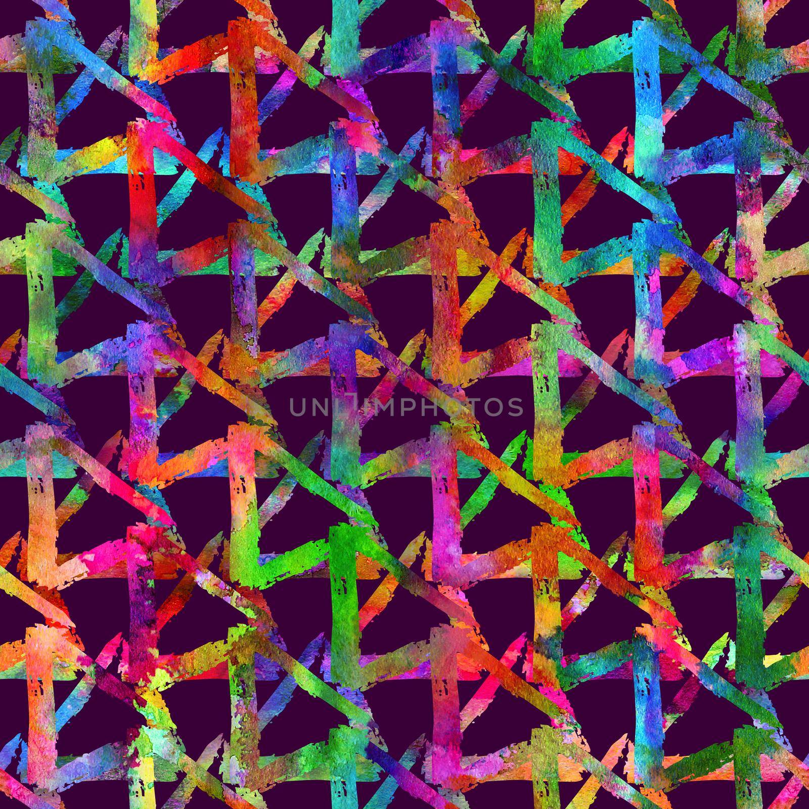 seamless pattern brush triangles plaid . Rainbow color on violet background. Hand painted grange texture. Ink geometric elements. Surface kid style. Endless fantasy plaid fabric print. Watercolor by DesignAB