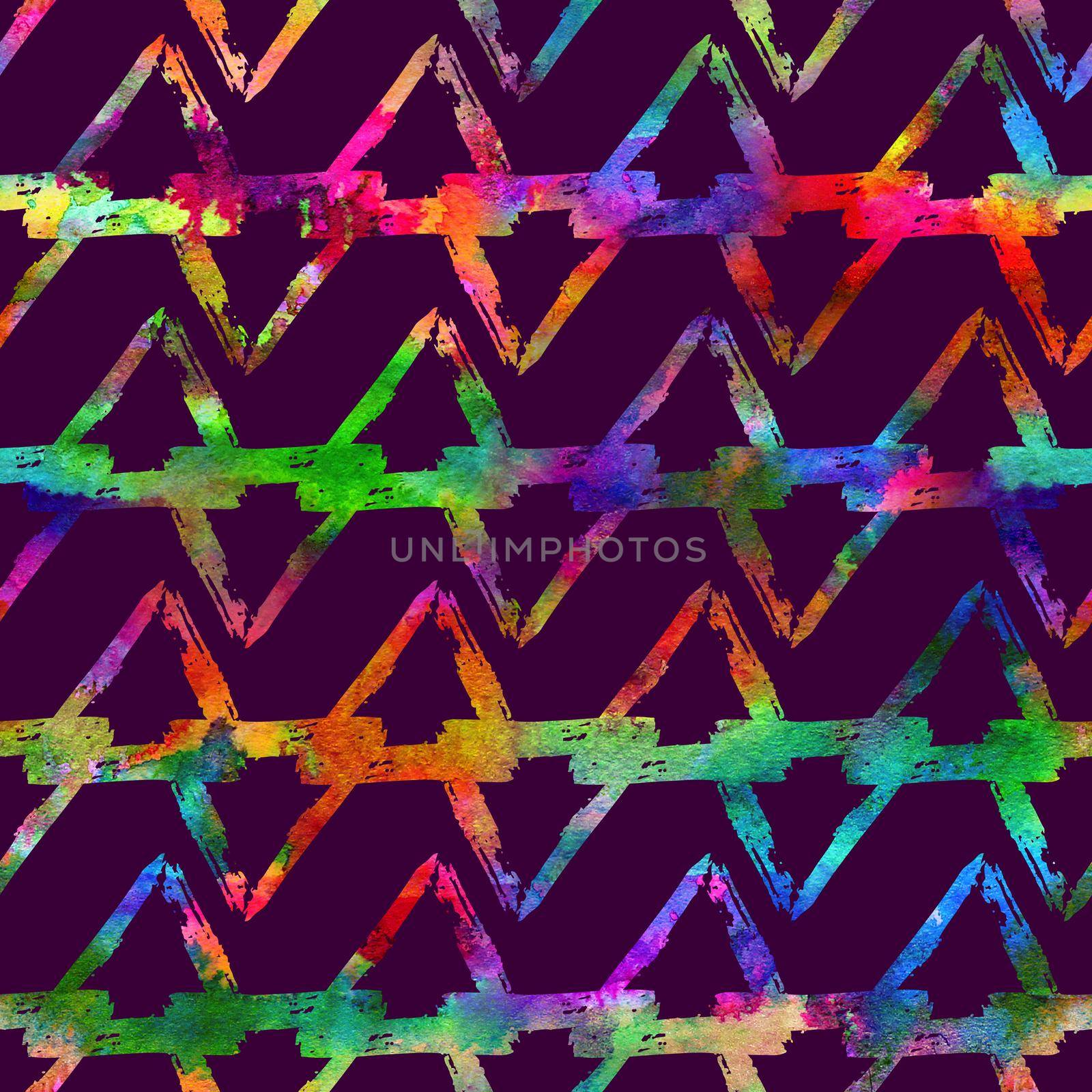 seamless pattern brush colorful triangle. Rainbow color on violet background. Hand painted grange texture. Ink geometric elements. Fashion modern style. Endless fantasy plaid fabric print. Watercolor.