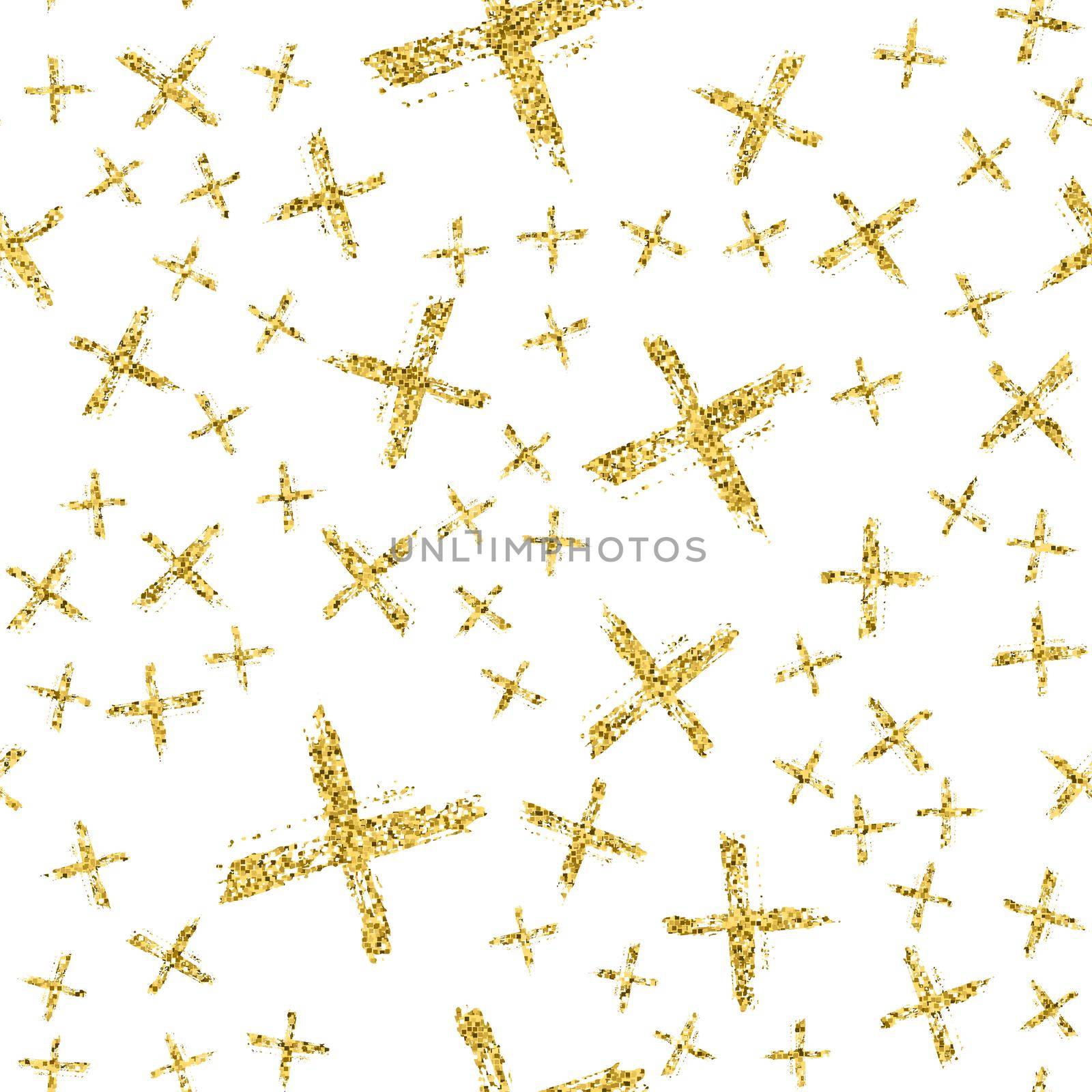 Modern seamless pattern with brush shiny cross. Gold metallic color on white background. Golden glitter texture. Ink geometric elements. Fashion catwalk style. Repeat fabric cloth print, textile.