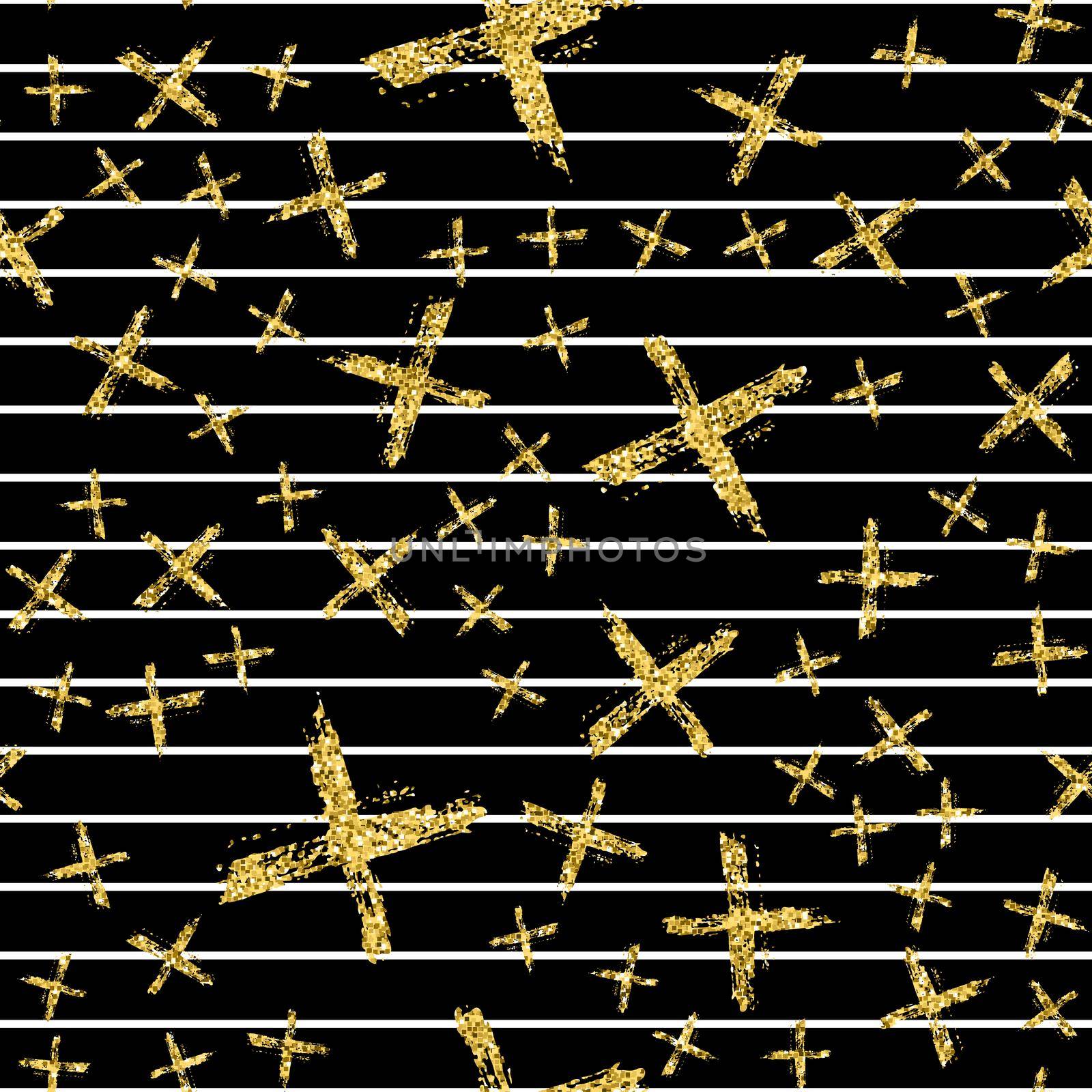 Modern seamless pattern with brush stripes and cross. White, gold metallic color on black background. Golden glitter texture. Ink geometric elements. Fashion catwalk style. Repeat fabric cloth print. by DesignAB