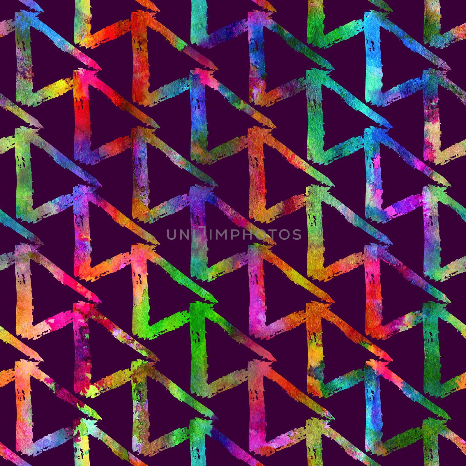 seamless pattern brush colorful triangle. Rainbow color on violet background. Hand painted grange texture. Ink geometric elements. Fashion modern style. Endless fantasy plaid fabric print. Watercolor by DesignAB