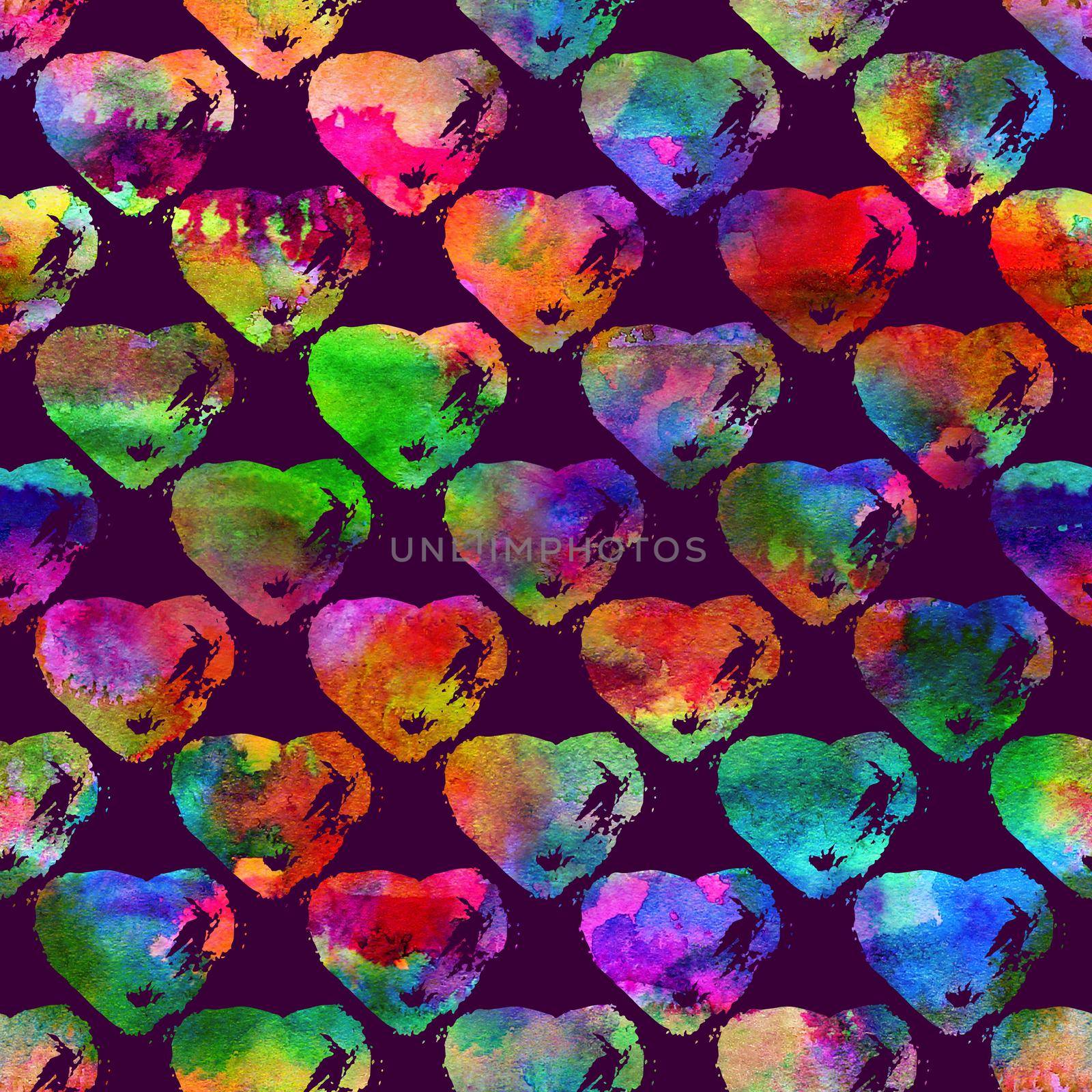 seamless pattern with brush hearts. Rainbow color on violet background. Hand painted grange texture. Ink grange elements. Decorative ornament of love sign. Repeat fabric print