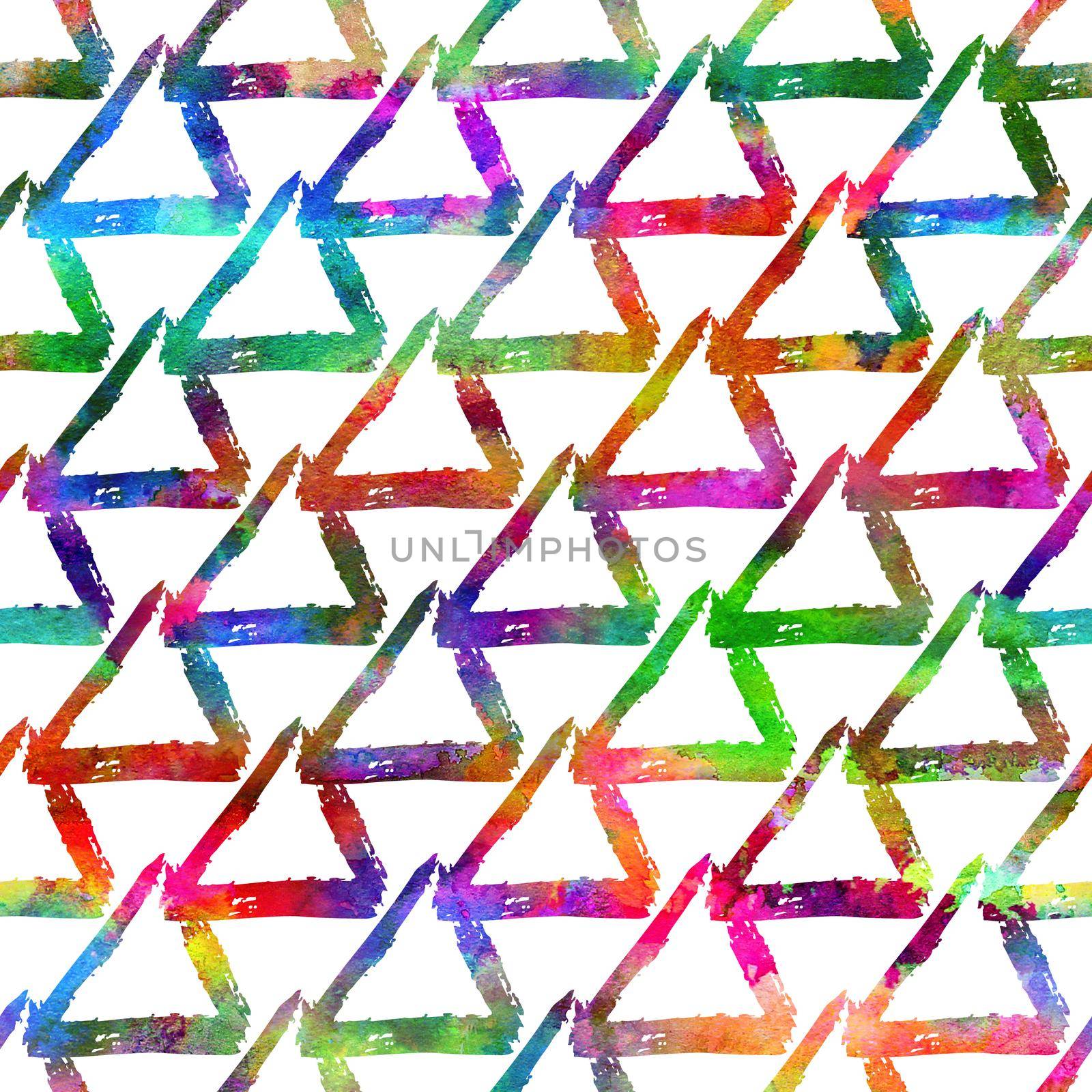 seamless pattern brush colorful triangle. Rainbow color on white background. Hand painted grange texture. Ink geometric elements. Fashion modern style. Endless fantasy plaid fabric print. Watercolor by DesignAB