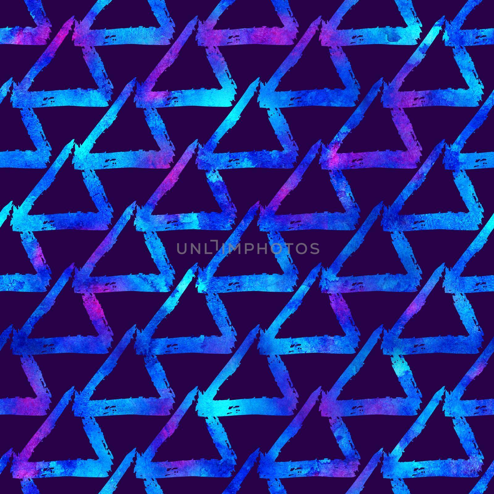 seamless pattern brush triangles . Blue color on violet background. Hand painted grange texture. Ink geometric elements. Fashion modern style. Endless fantasy plaid fabric print. Watercolor by DesignAB