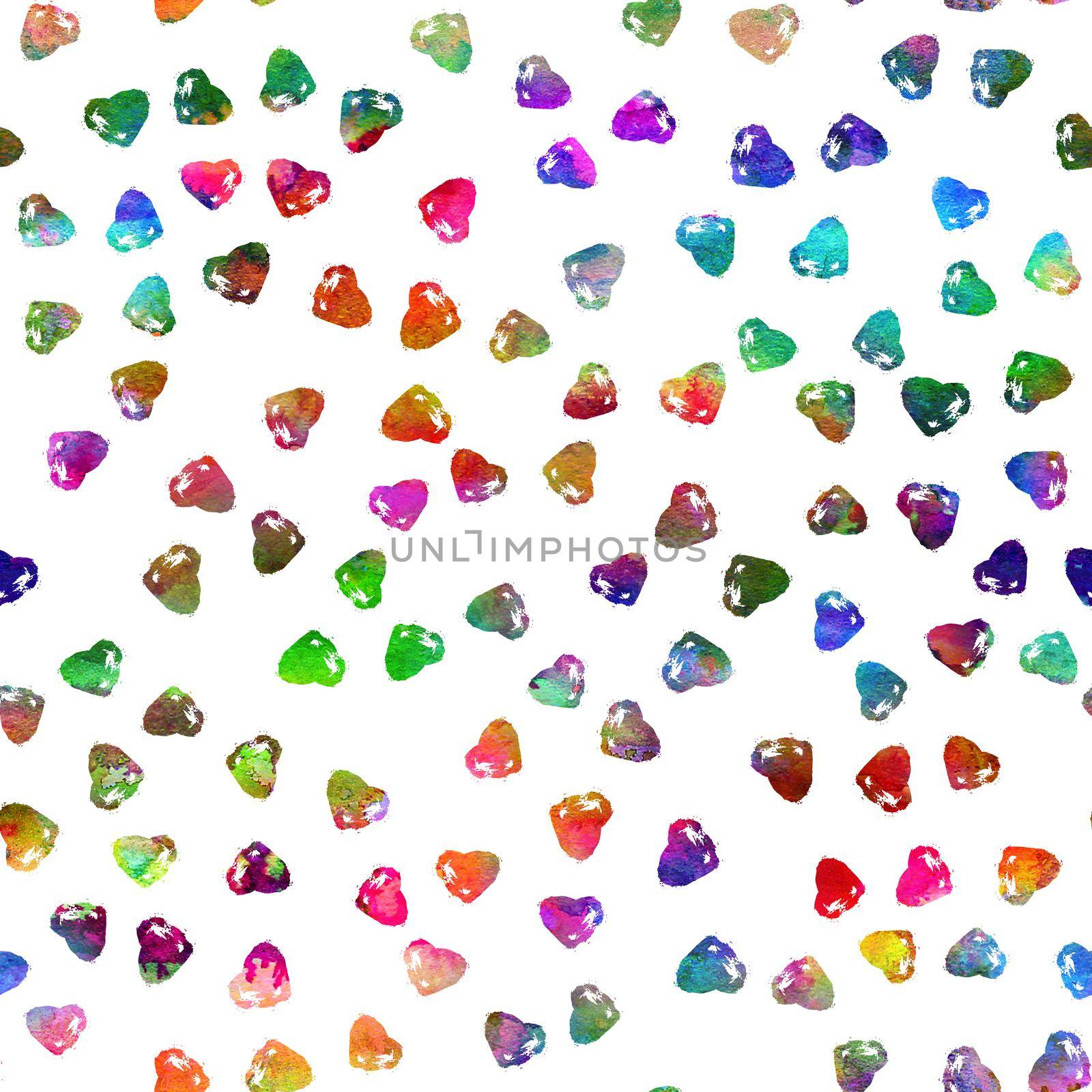 seamless pattern with brush hearts. Rainbow color on white background. Hand painted grange texture. Ink grange elements. Decorative ornament of love sign. Repeat fabric print. by DesignAB