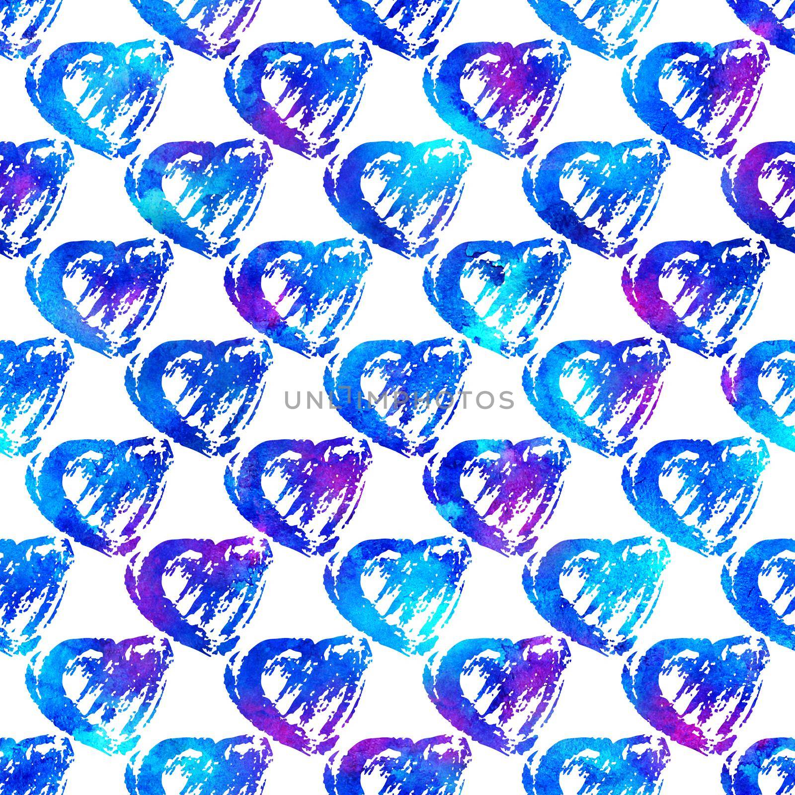 seamless pattern with brush hearts. Bluecolor on white background. Hand painted grange texture. Ink grange elements. Decorative ornament of love sign. Repeat fabric print