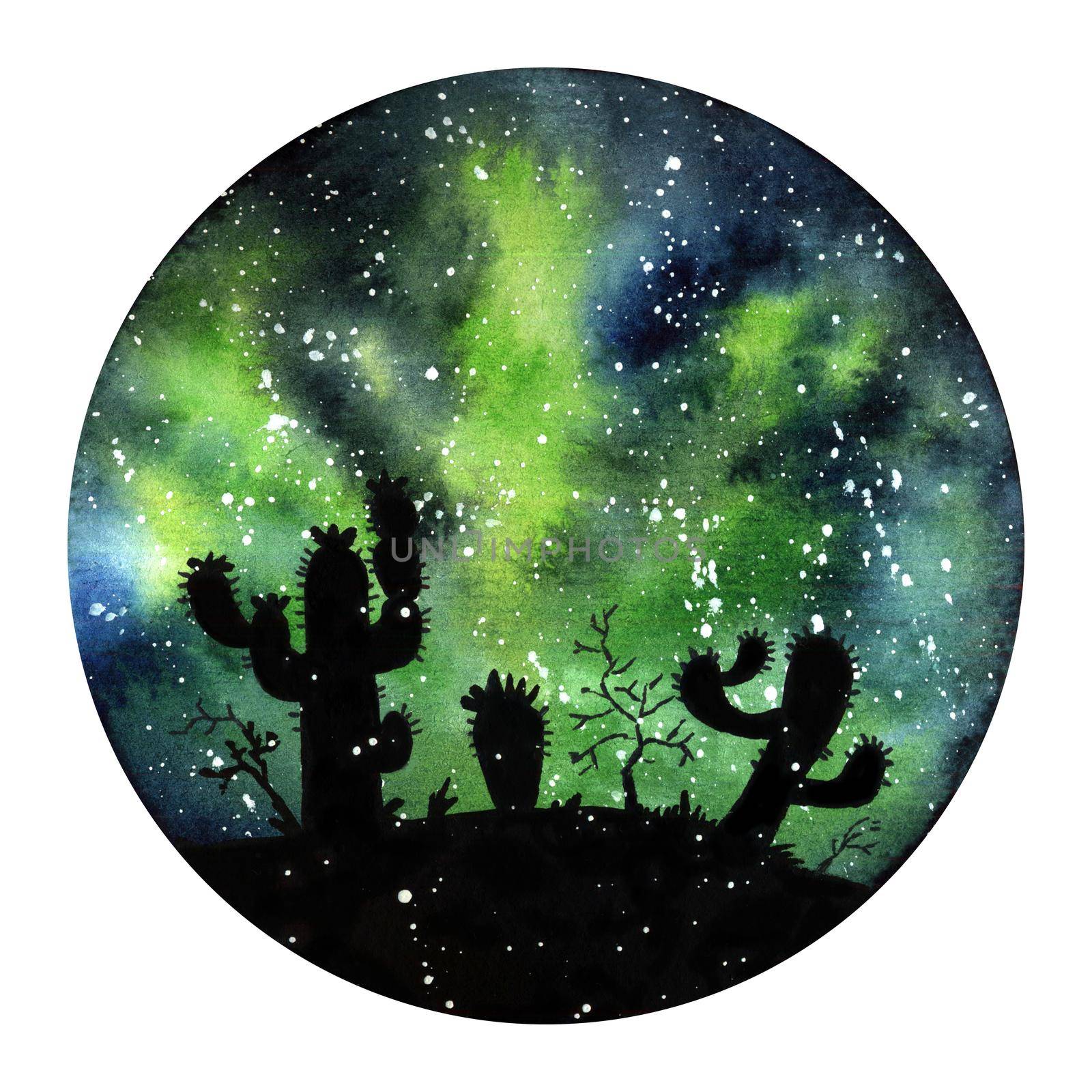 Watercolour painting Northern lights space landscape. Green, black and blue colors. Modern new round illustration with galaxy cactus. Art watercolor drawing background, artistic texture. Cacti paint. by DesignAB