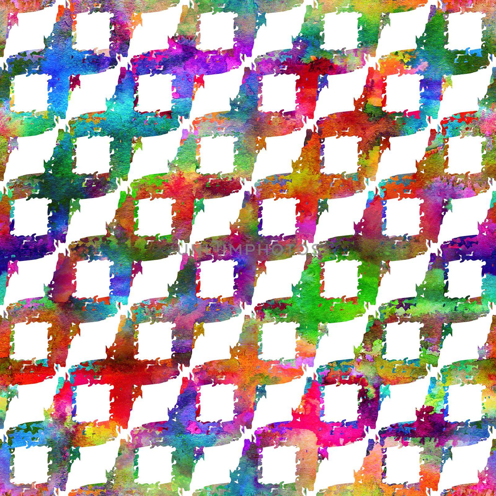 seamless pattern with brush stripe plaid. Rainbow watercolor color on white background. Drawing native grange texture. Ink geometric elements. Repeat fabric print. Overlay backdrop for cloth, art