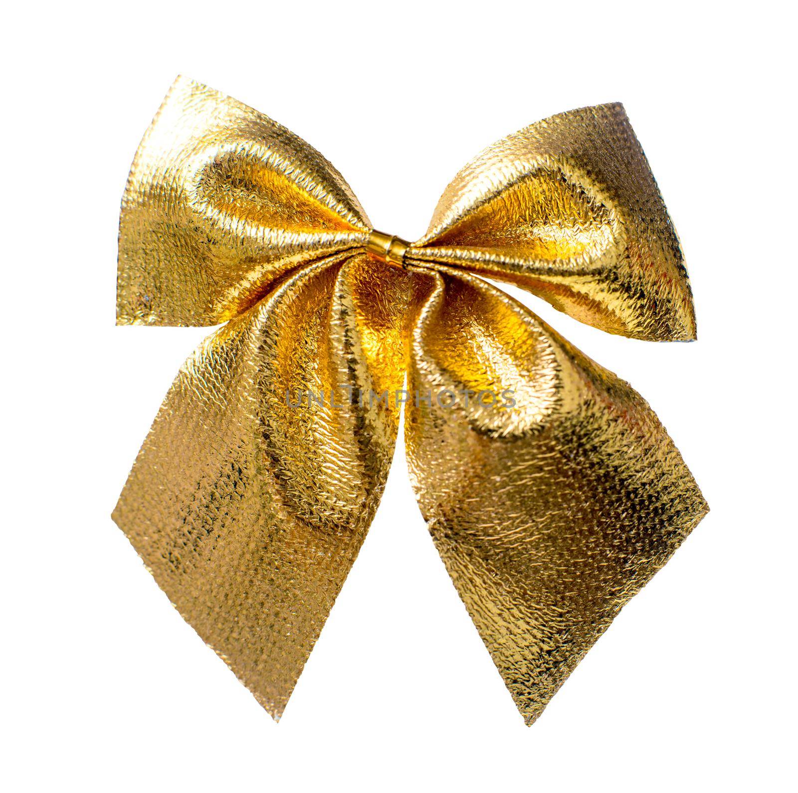 Gold Christmas bow close up isolated on a white background