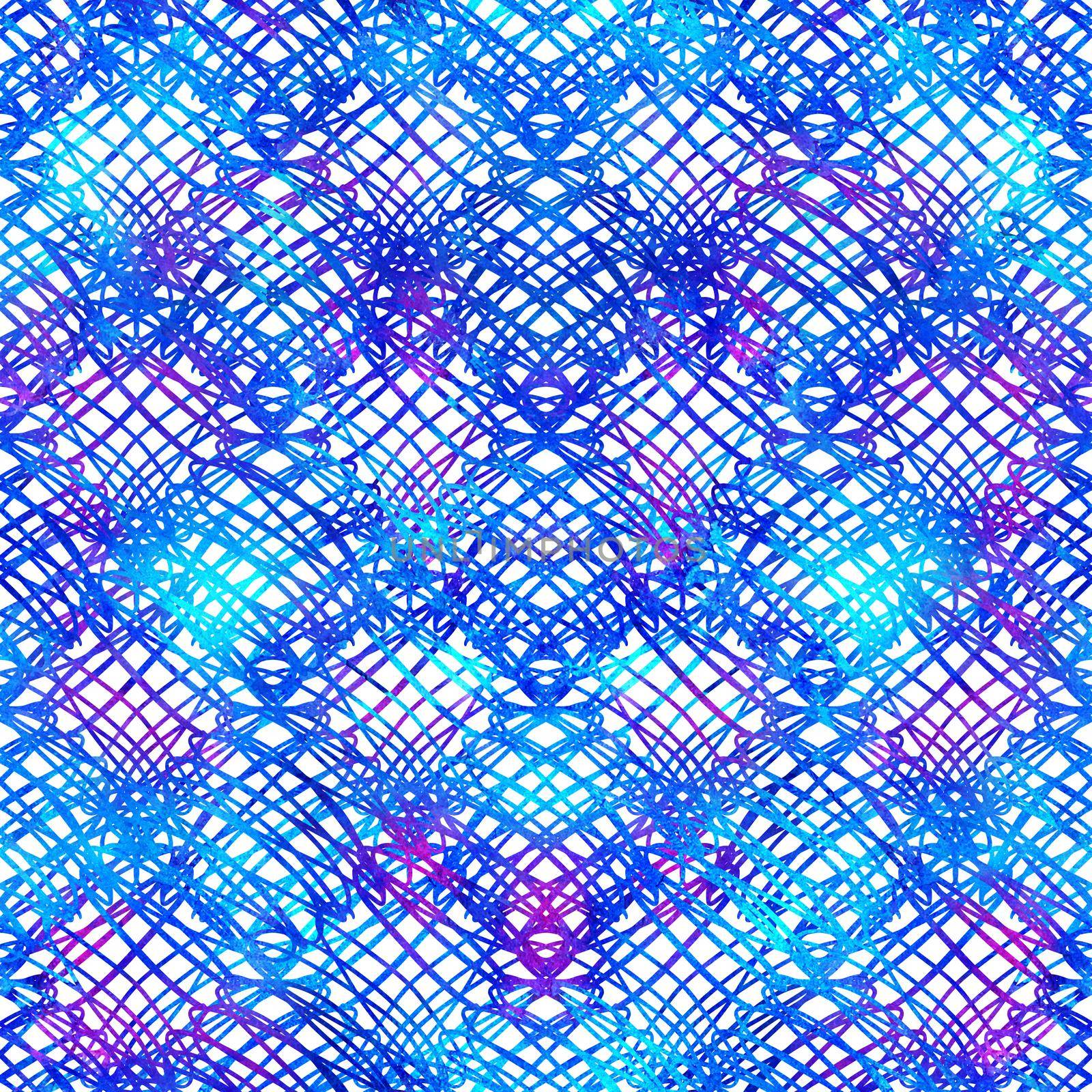 seamless pattern brush stripes plaid. Blue color on white background. Hand painted grange texture. Ink geometric elements. Fashion modern style. Endless fantasy plaid fabric print Watercolor.