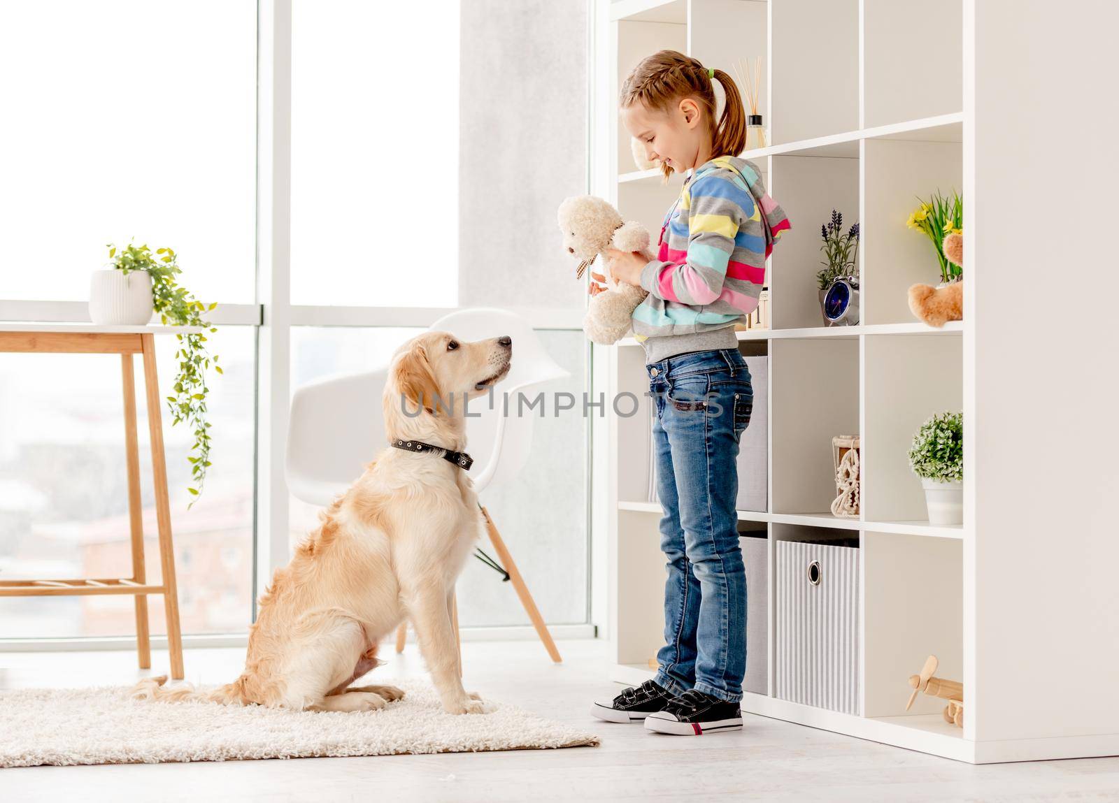 Cute little girl showing teddy bear to adorable young dog