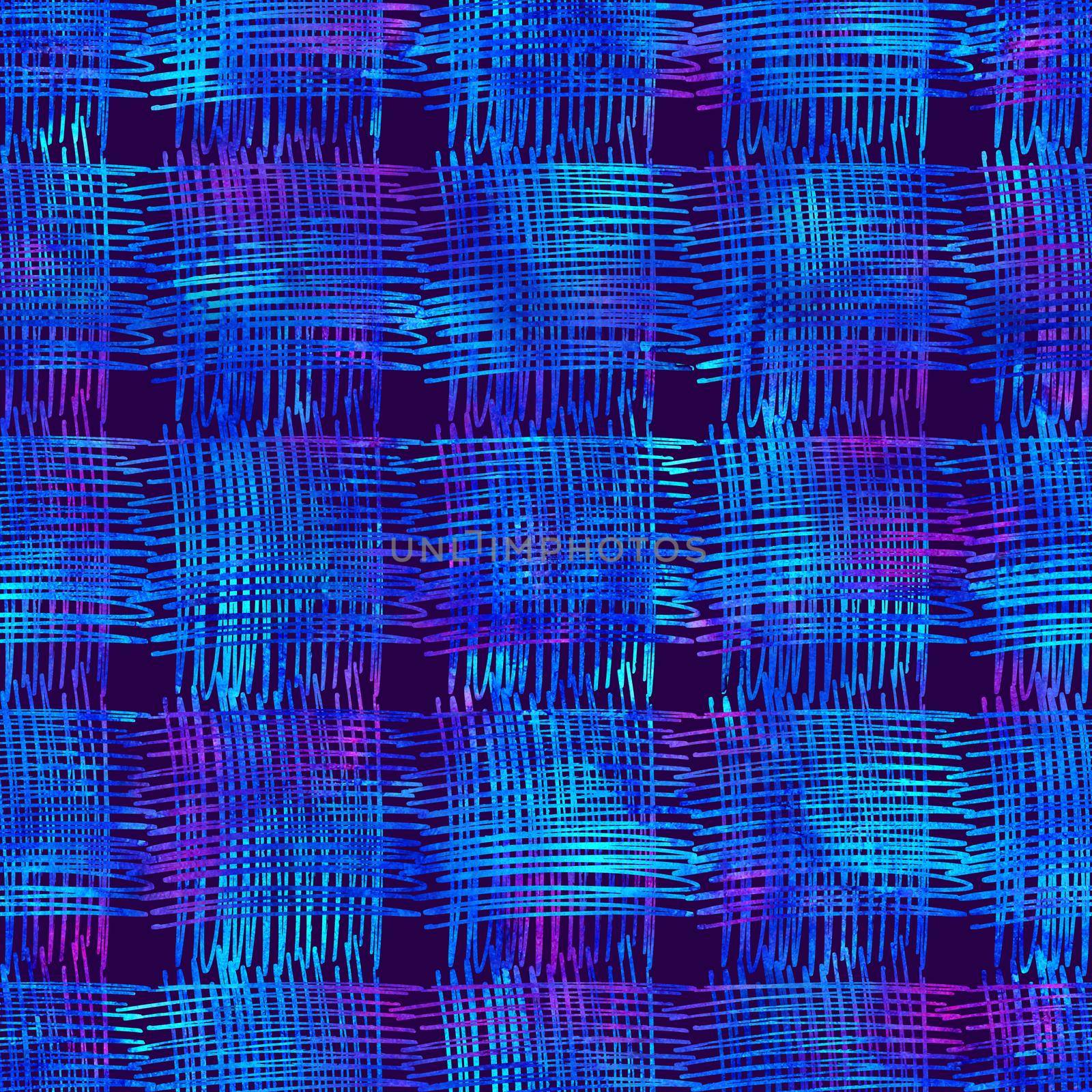 seamless pattern with brush stripes and strokes. Blue watercolor color on dark background. Hand painted grange texture. Ink geometric elements. Fashion modern style. Endless fabric print. by DesignAB